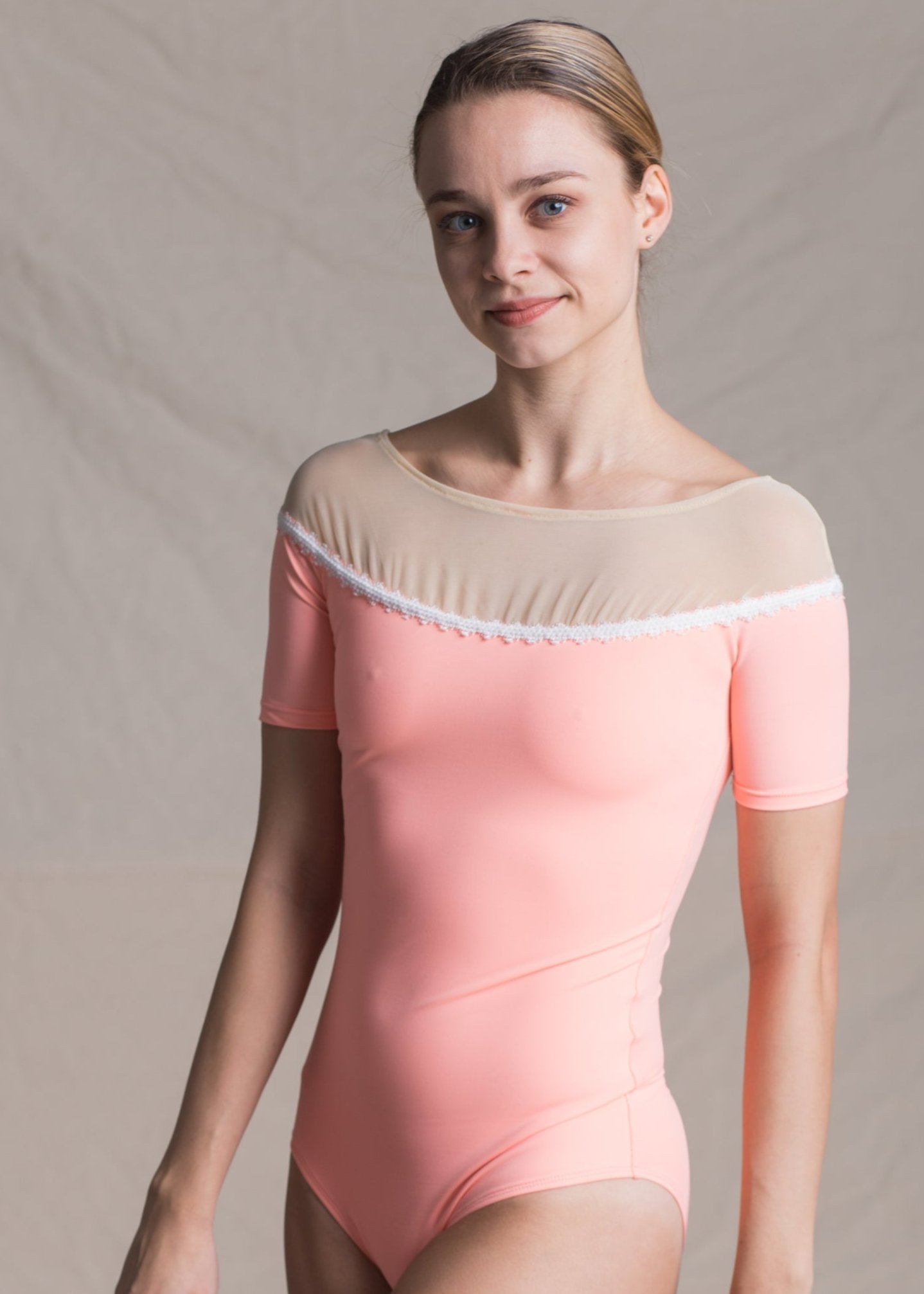 Mia Leotard - Mesh Short Sleeves Leotard peach front