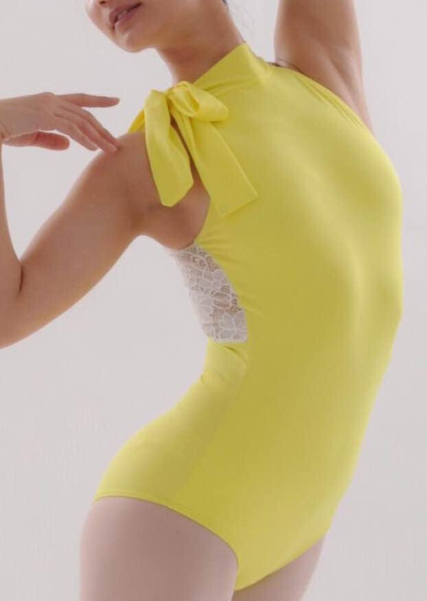 Athena Leotard - Bow Halter Leotard with Lace Back lemon front