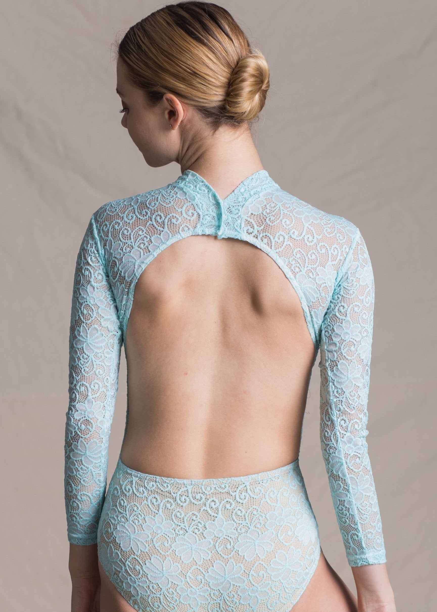 Eliza Leotard - Floral Full Lace Long Sleeves Leotard baby blue back