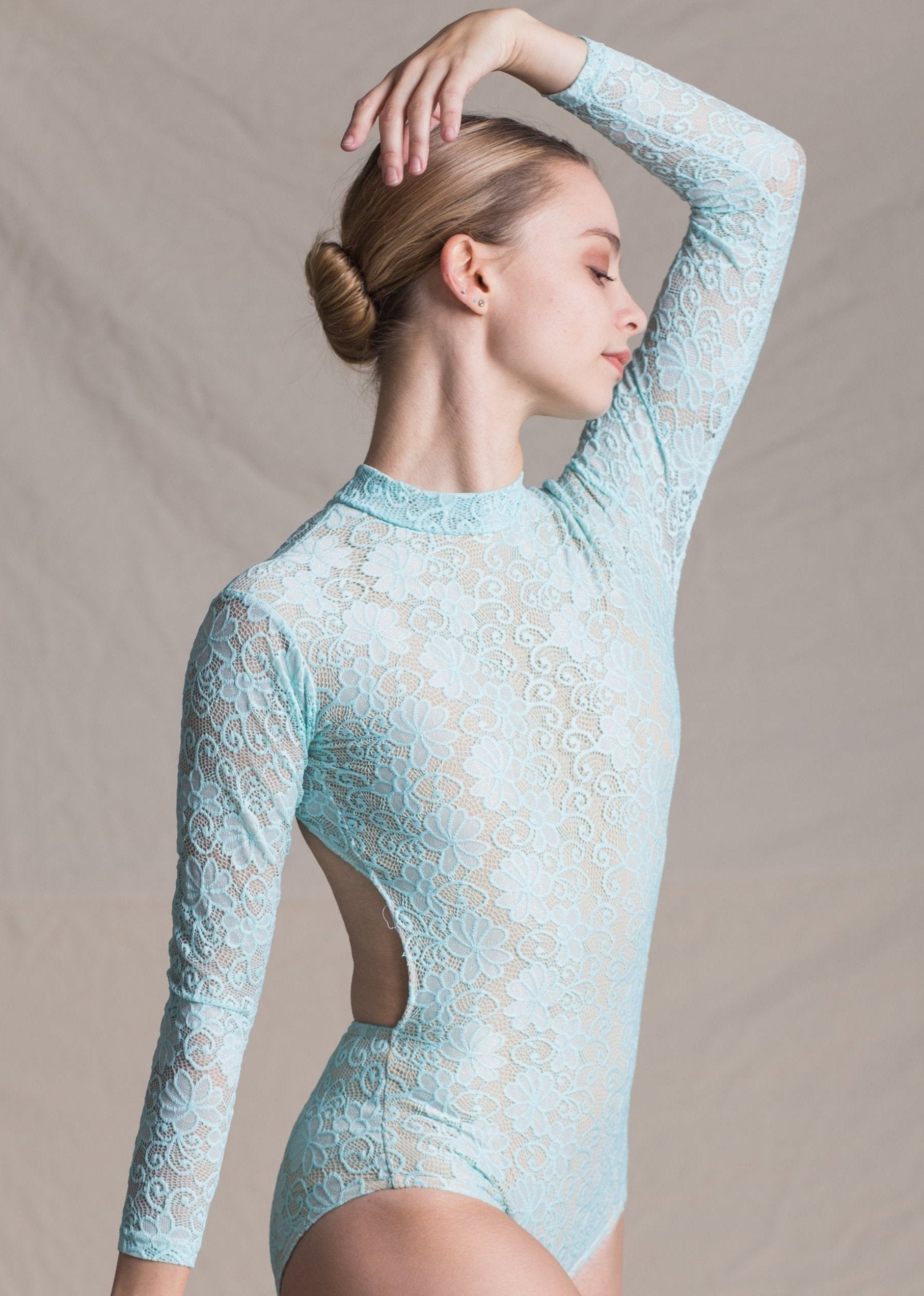 Eliza Leotard - Floral Full Lace Long Sleeves Leotard baby blue front