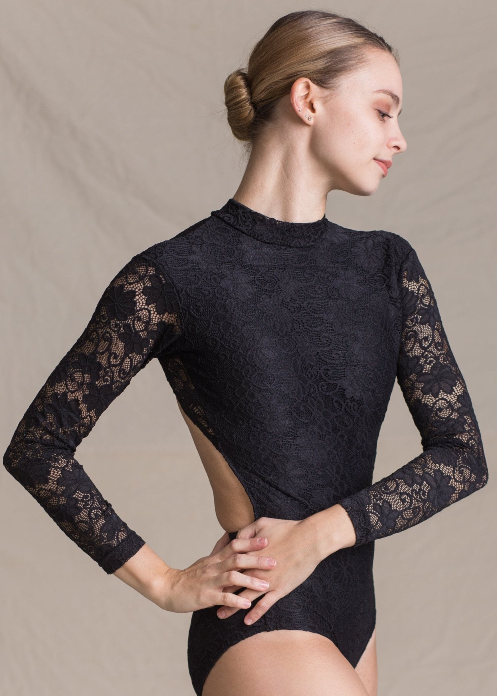 Eliza Leotard - Floral Full Lace Long Sleeves Leotard black front