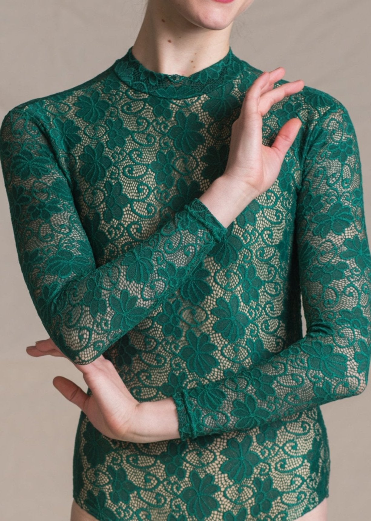 Eliza Leotard - Floral Full Lace Long Sleeves Leotard emerald front