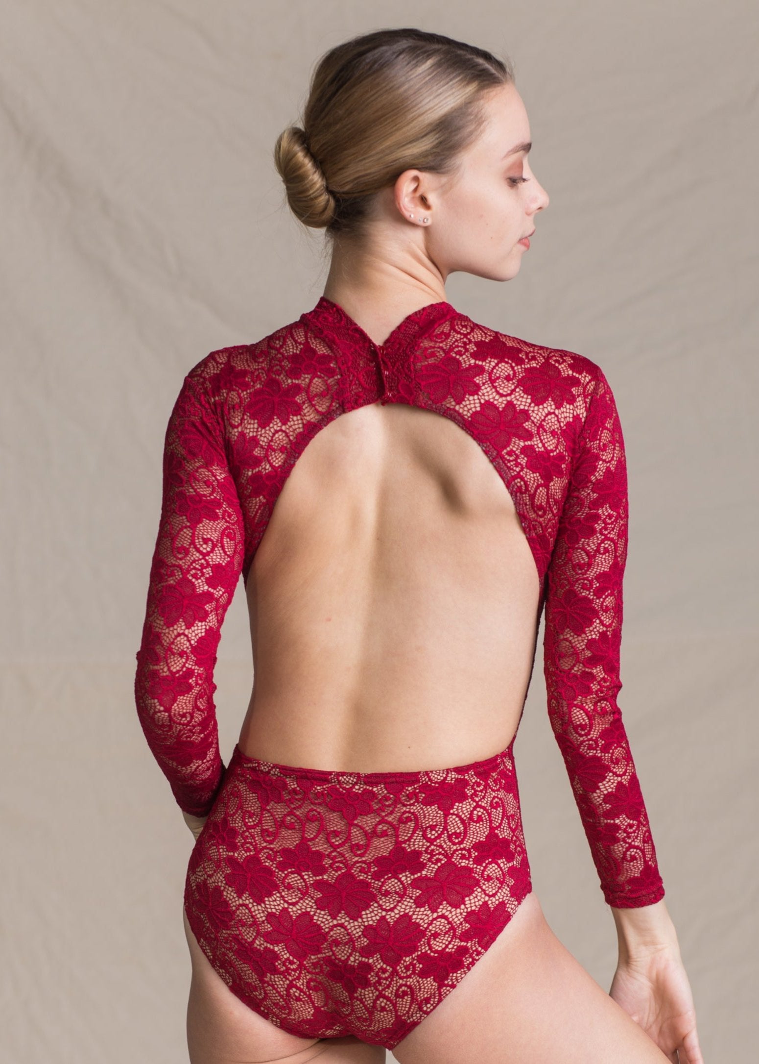 Eliza Leotard - Floral Full Lace Long Sleeves Leotard red back