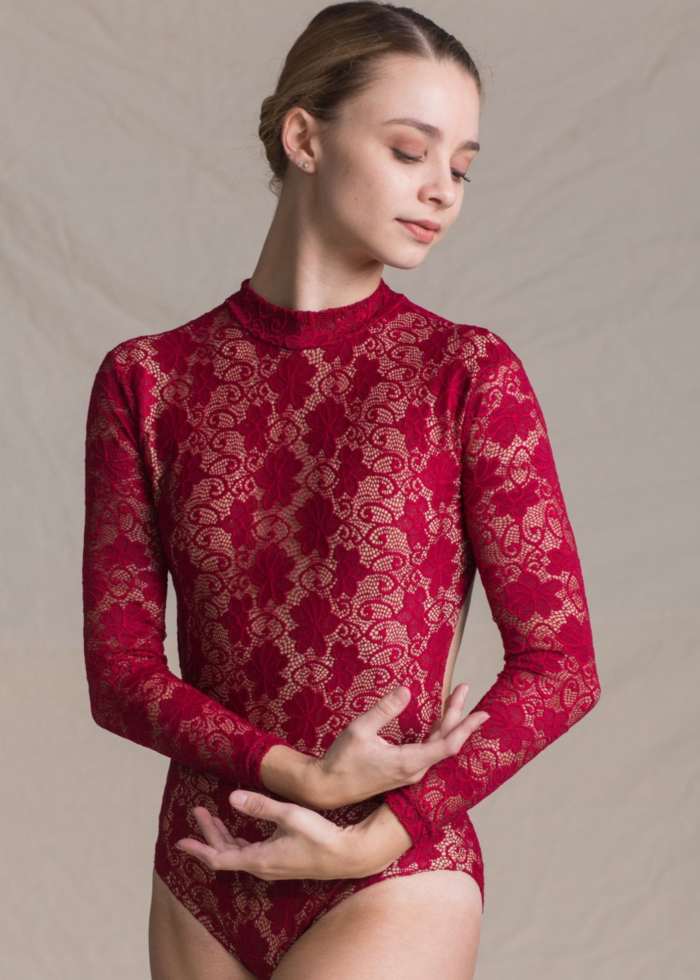 Eliza Leotard - Floral Full Lace Long Sleeves Leotard red front