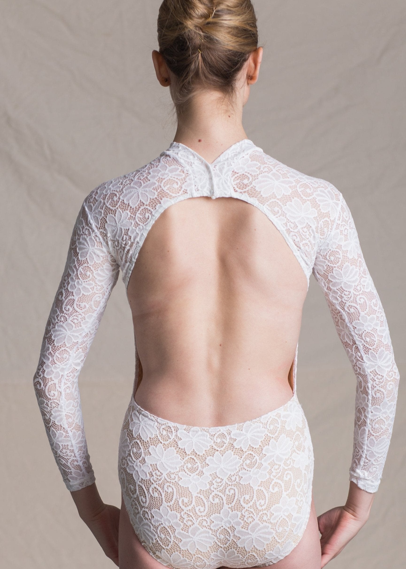 Eliza Leotard - Floral Full Lace Long Sleeves Leotard white back