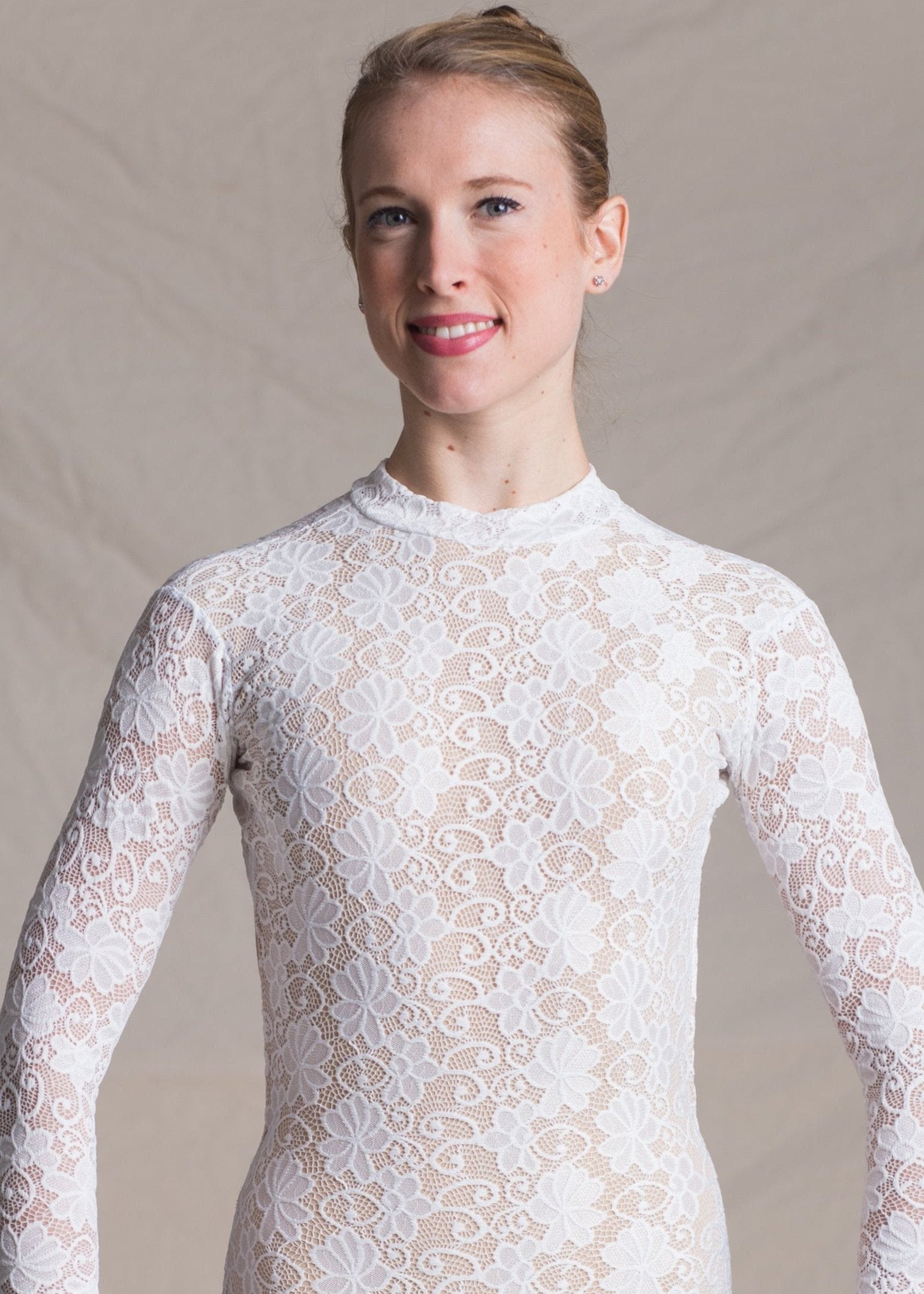 Eliza Leotard - Floral Full Lace Long Sleeves Leotard white front