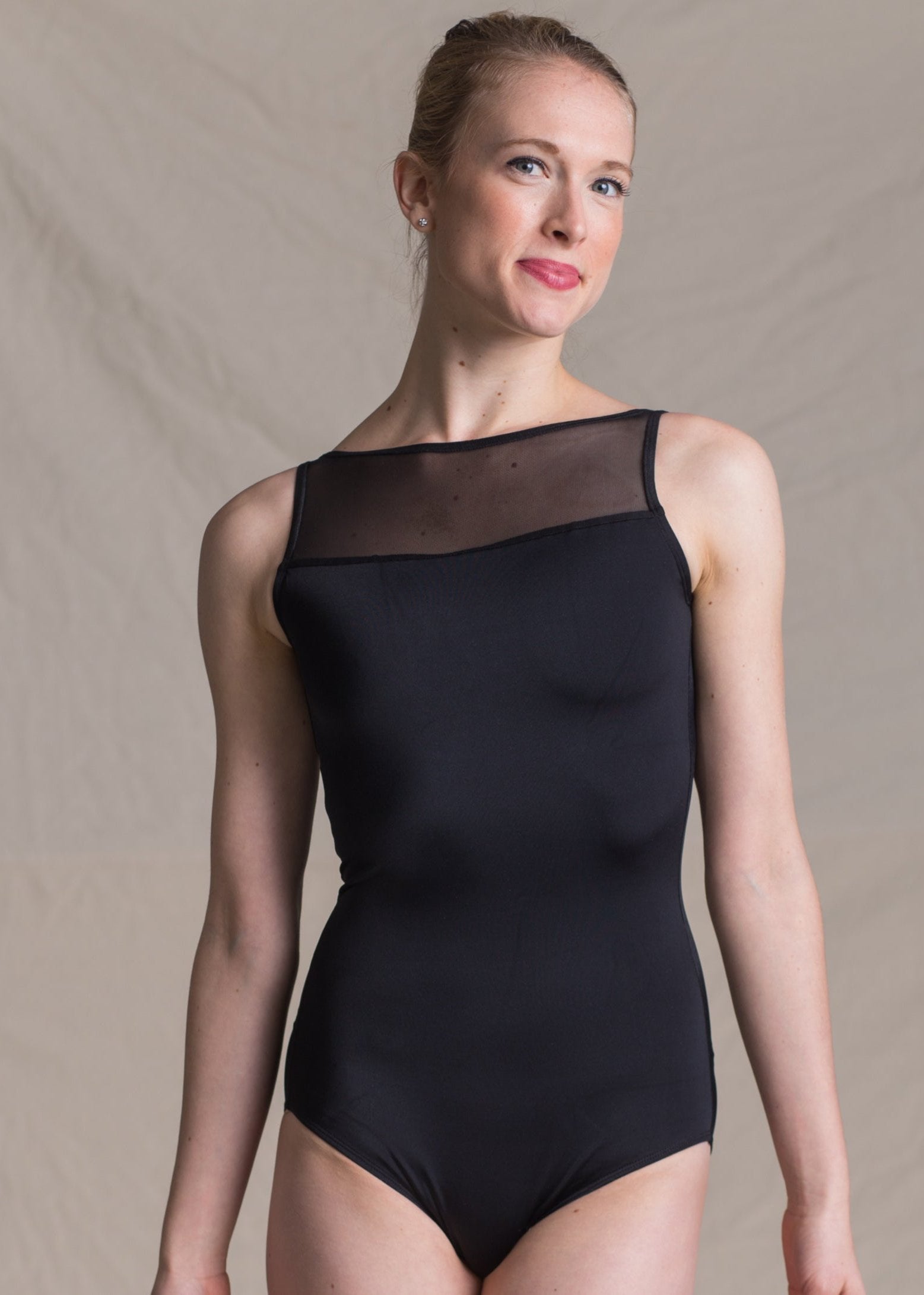 Nana Leotard - Bateau Neckline Mesh Leotard with Lacing Back black front