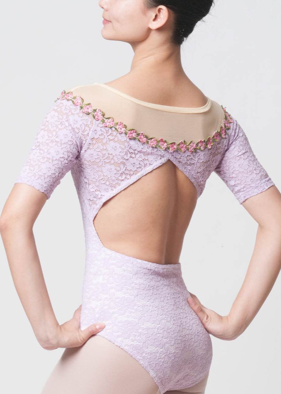 Aurora Leotard - Lace Short Sleeves Leotard with Rose Neckline purple back