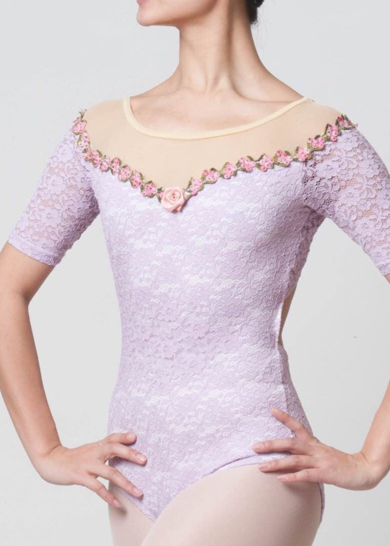 Aurora Leotard - Lace Short Sleeves Leotard with Rose Neckline purple front