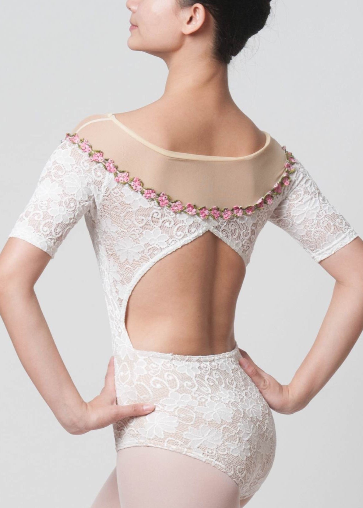 Aurora Leotard - Lace Short Sleeves Leotard with Rose Neckline white back