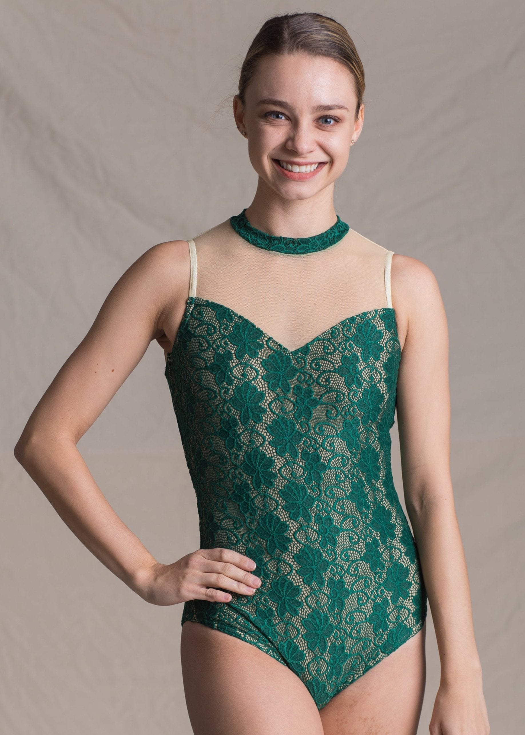 Mathilde Leotard - Lace Choker Turtleneck Leotard emerald front