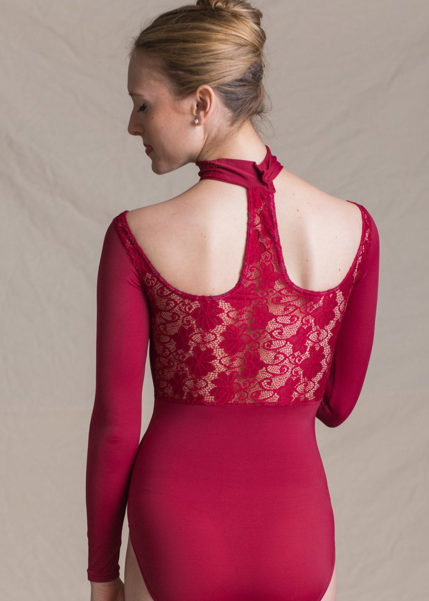 Diana Leotard - Choker Long Sleeves Leotard with Lace Back red back