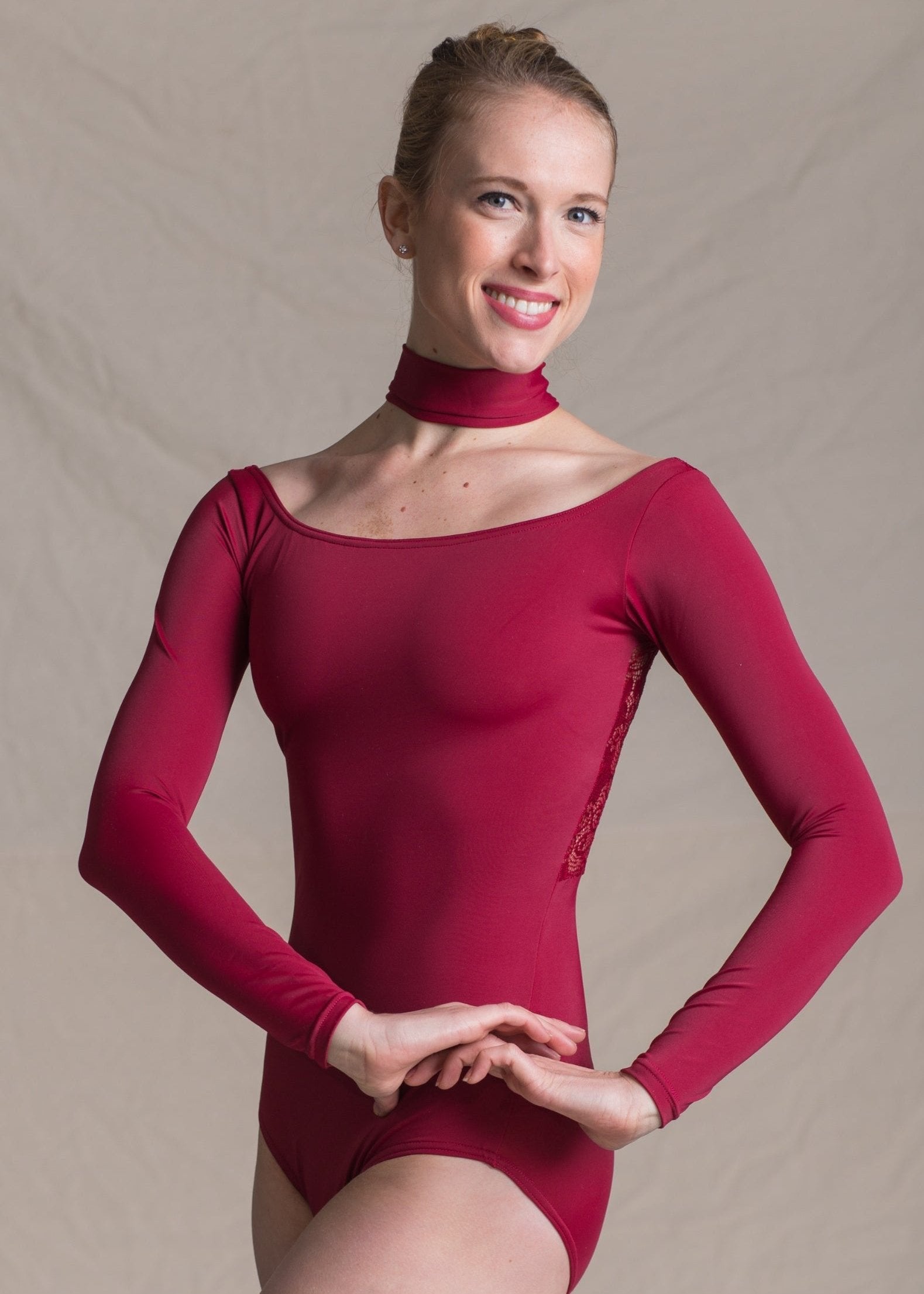 Diana Leotard - Choker Long Sleeves Leotard with Lace Back red front