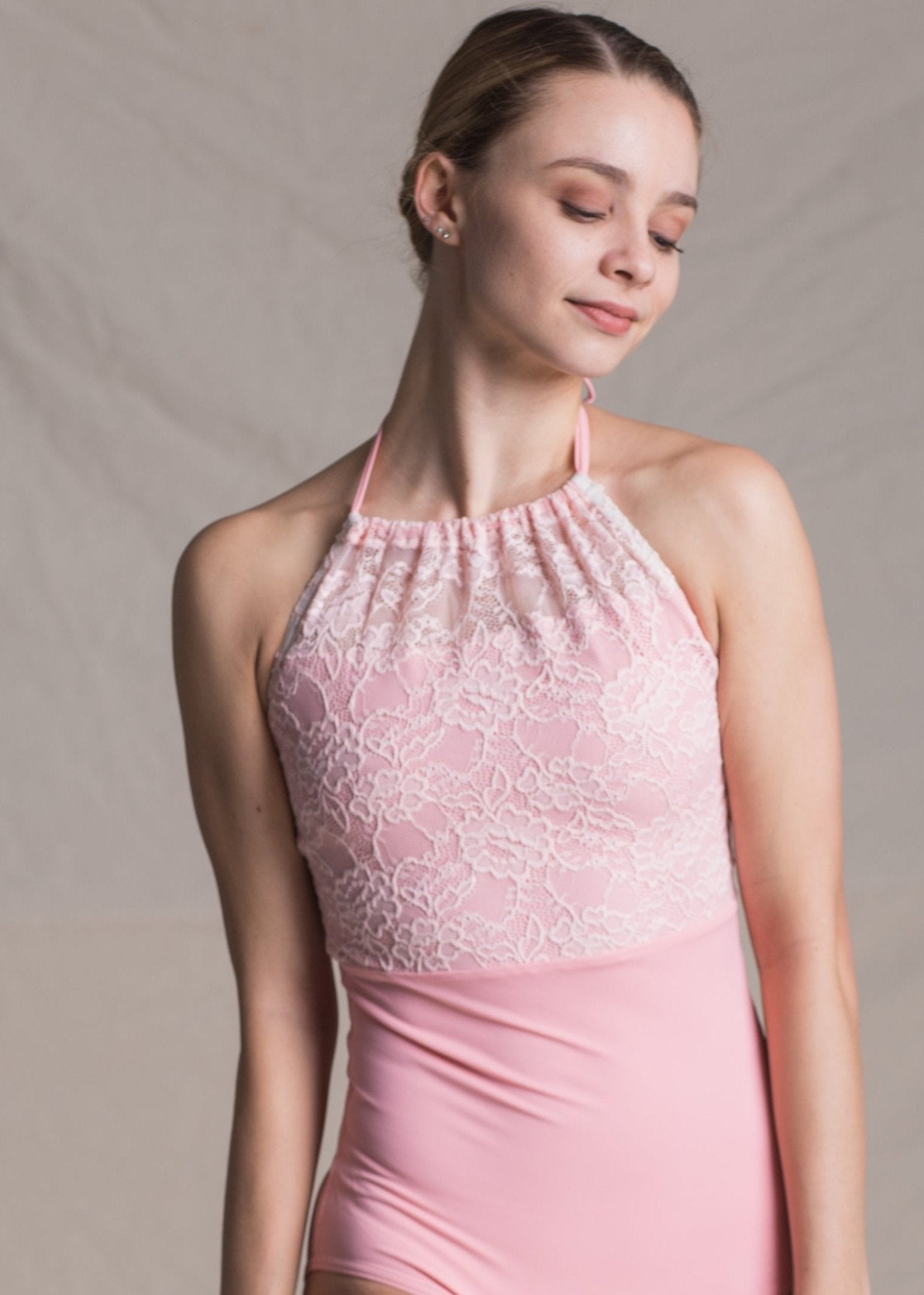 Madeleine Leotard - Halter Necktie Lace Leotard pink front