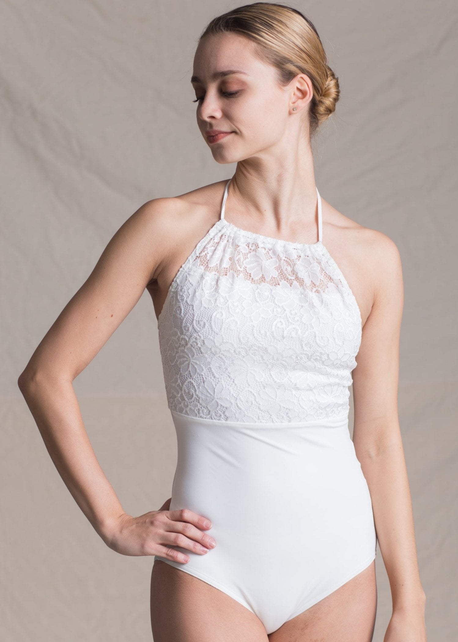 Madeleine Leotard - Halter Necktie Lace Leotard white front