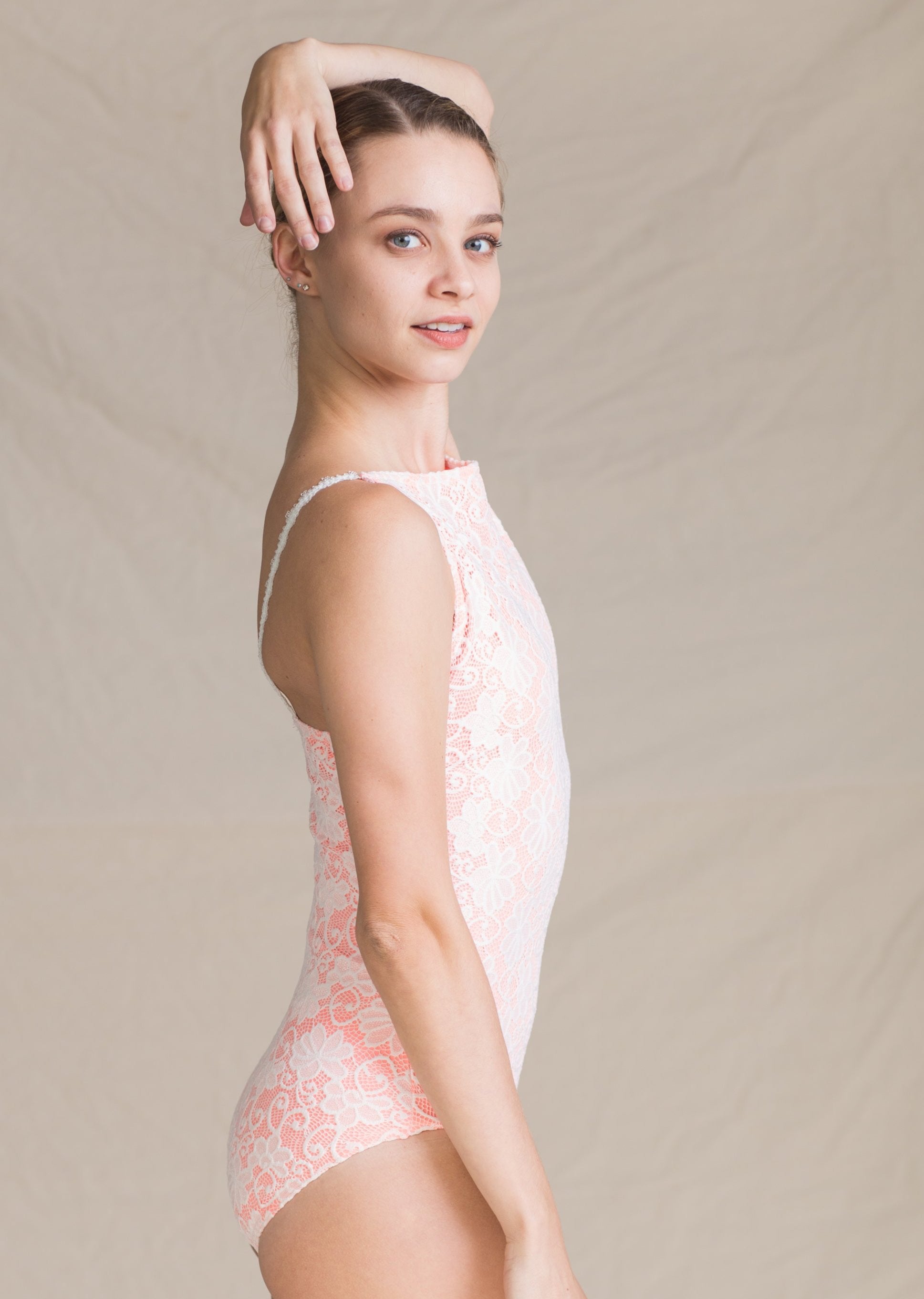 Audrey Leotard - Bateau Neckline Full Lace Leotard peach side