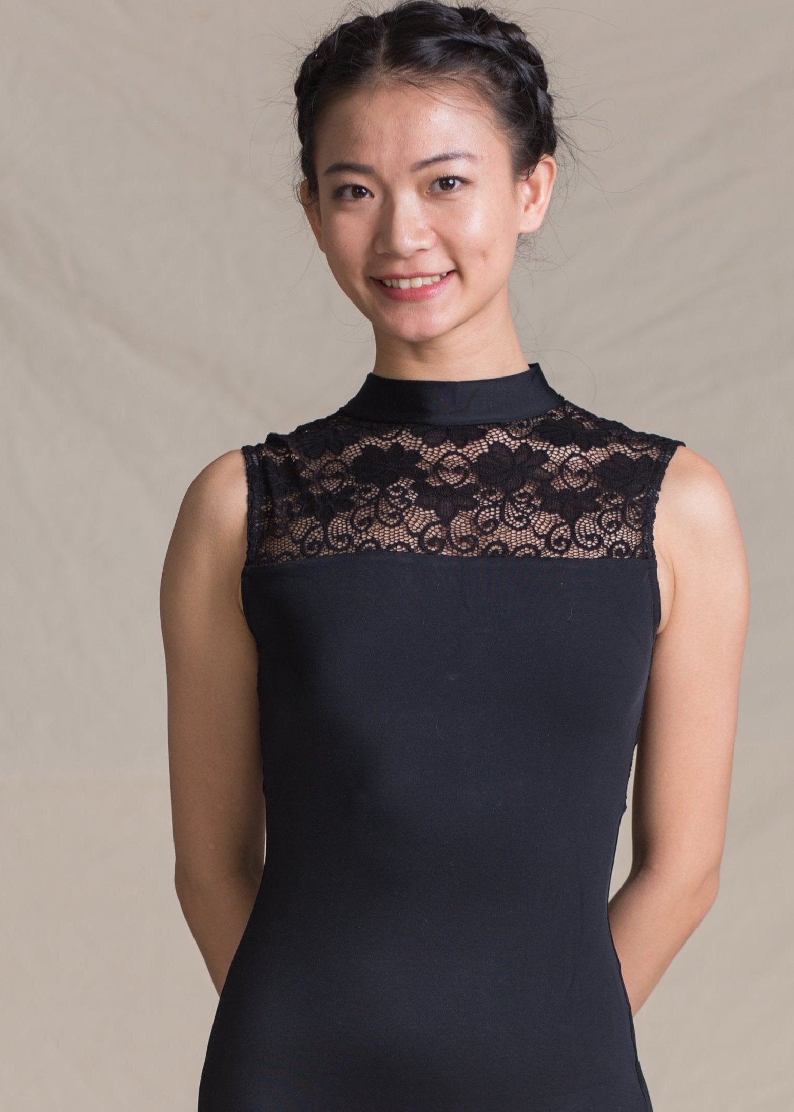 Satine Leotard - Turtleneck Lace Leotard with Back Bow black front