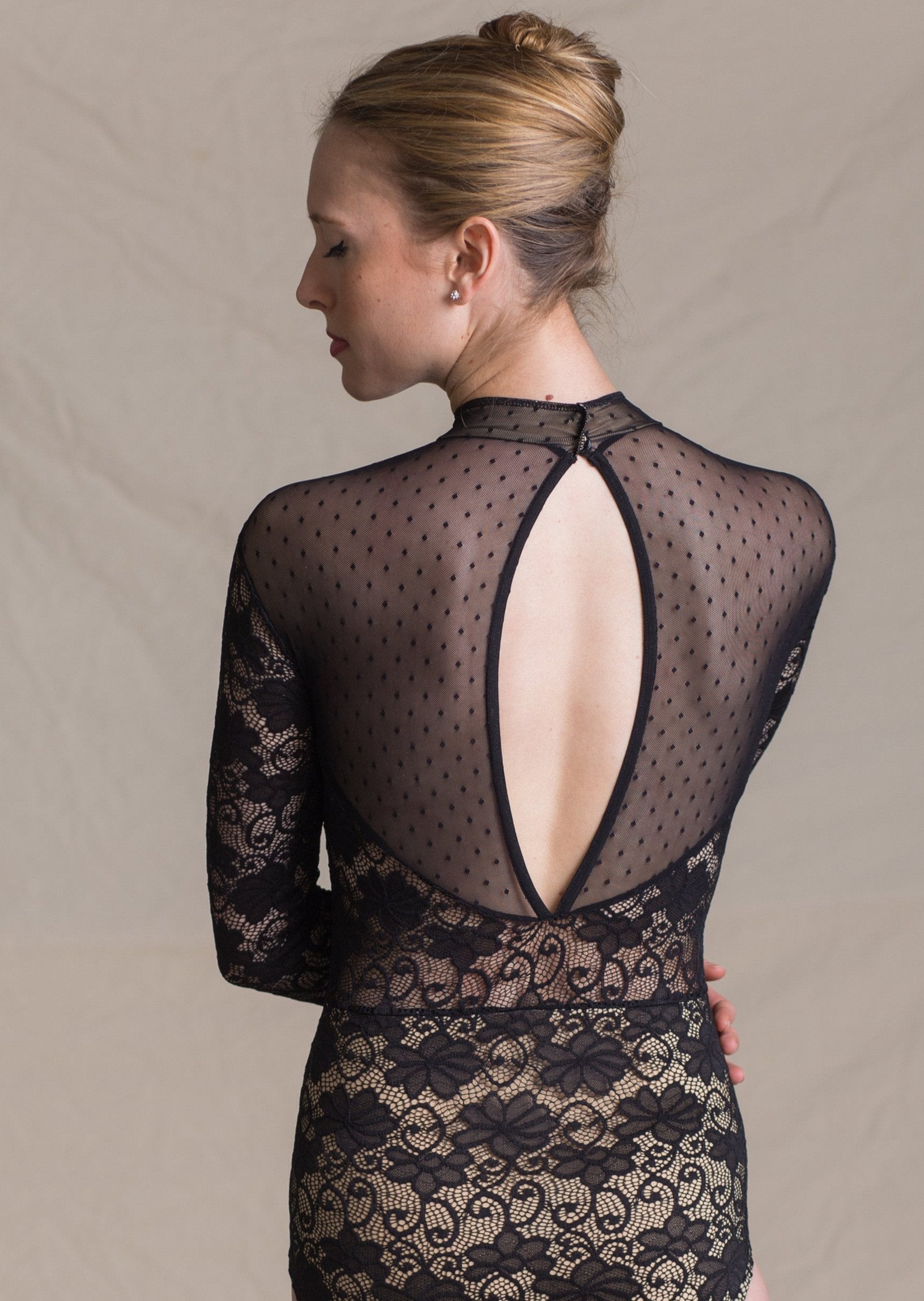 Barbara Leotard - Long Sleeve Lace & Polka Dot Leotard Black Back