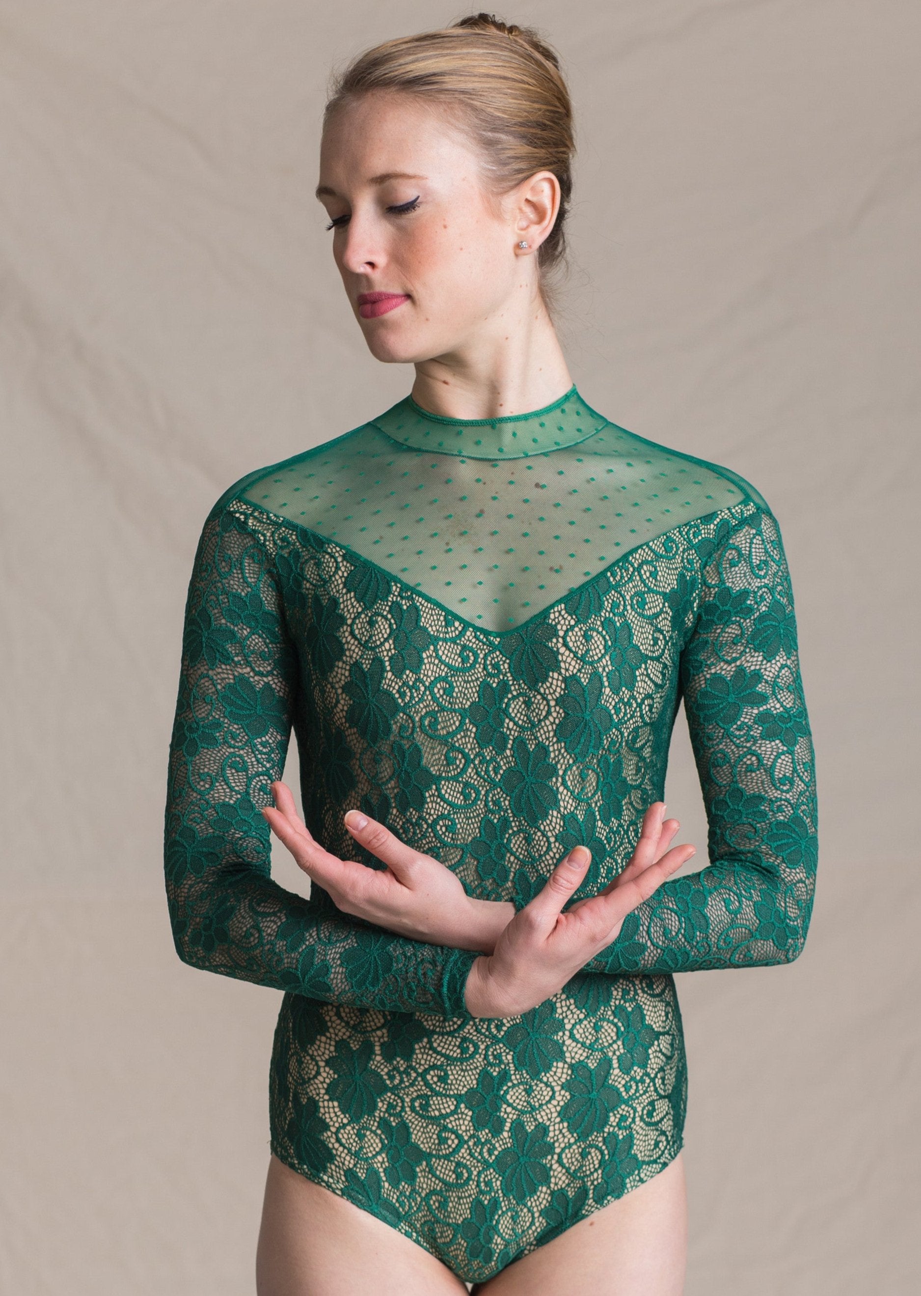  Barbara Leotard - Long Sleeve Lace & Polka Dot Leotard front emerald