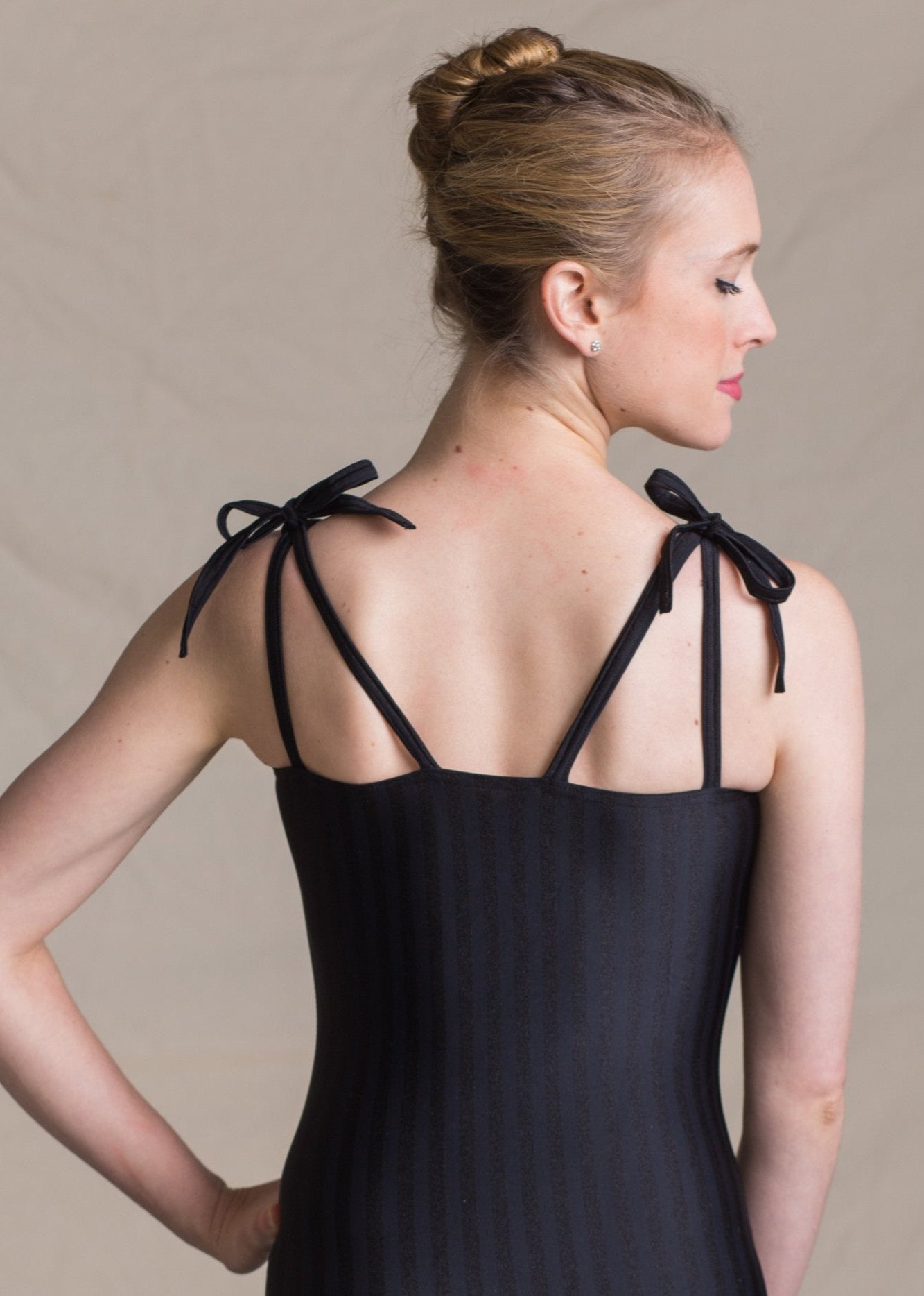 Rosalinde Leotard - Striped Camisole Leotard with Shoulder Bows black back