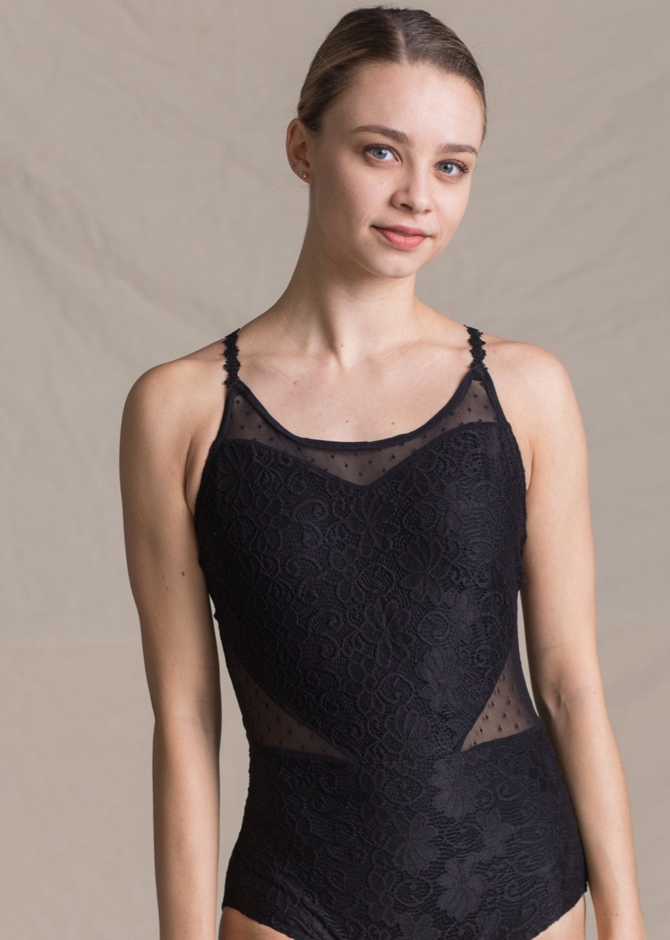 Venus Leotard - Heart-Shaped Camisole Lace & Mesh Leotard black front