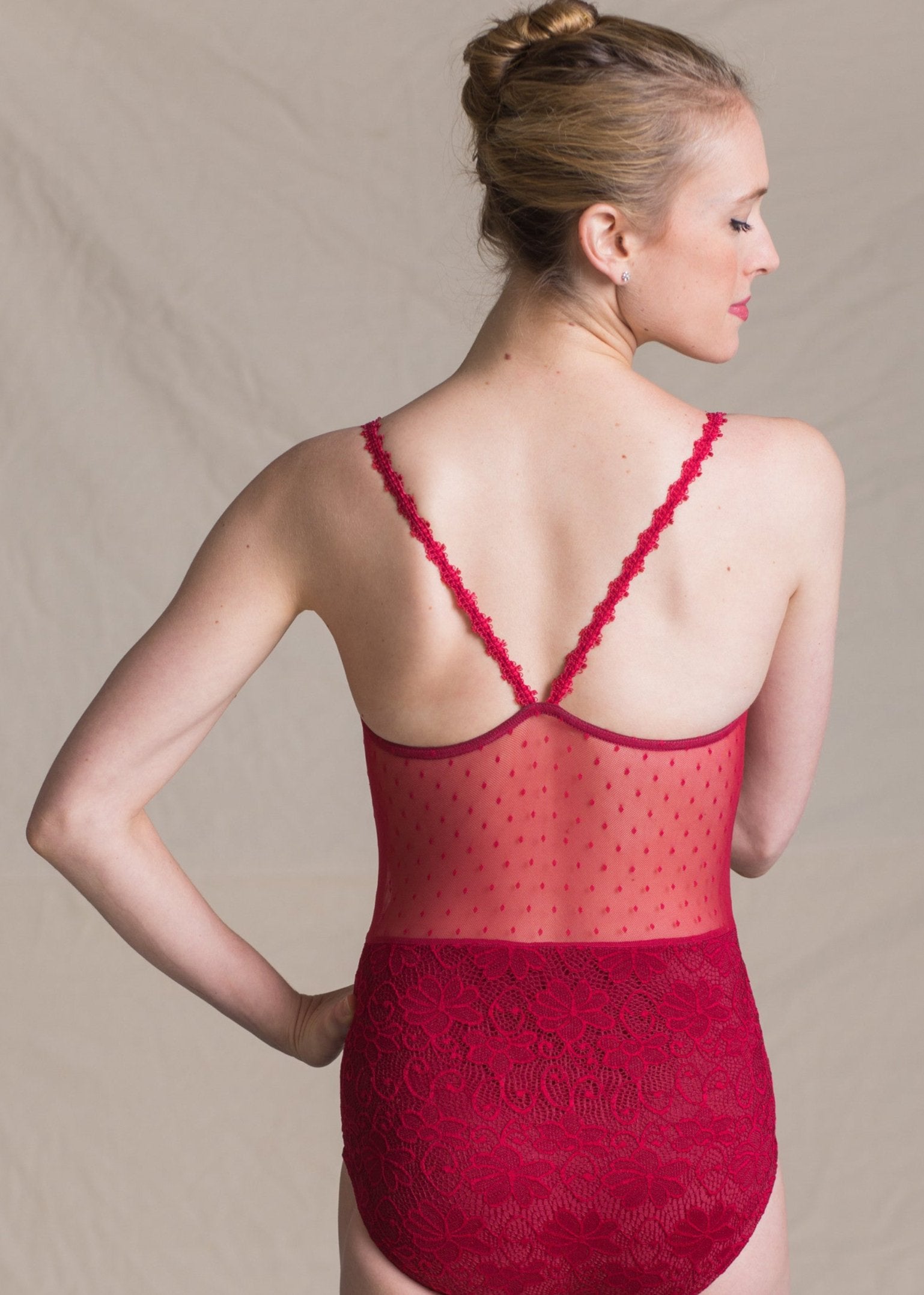 Venus Leotard - Heart-Shaped Camisole Lace & Mesh Leotard red back