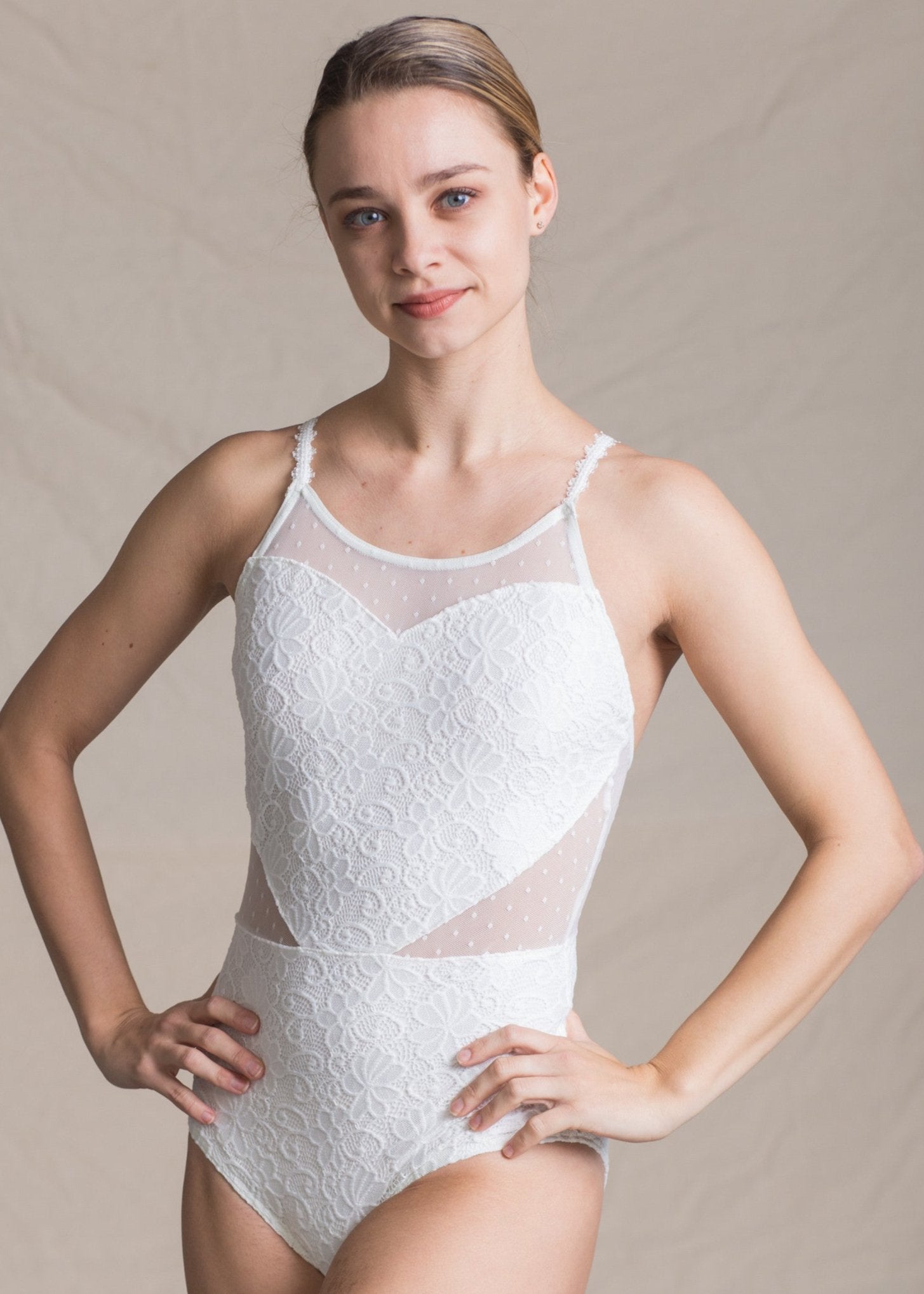 Venus Leotard - Heart-Shaped Camisole Lace & Mesh Leotard white front