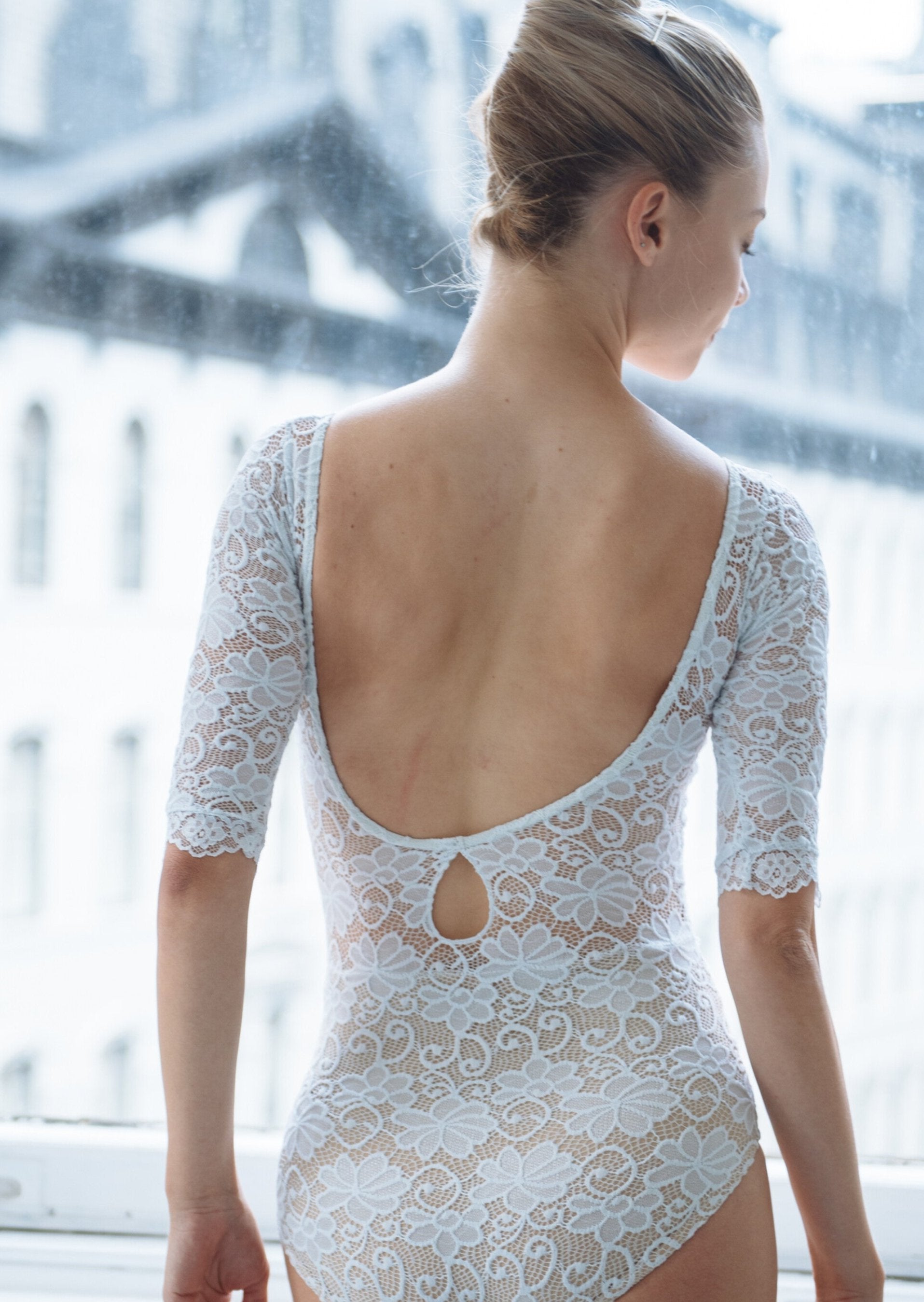 Victoria Leotard - Half Sleeve Full Lace Leotard white back