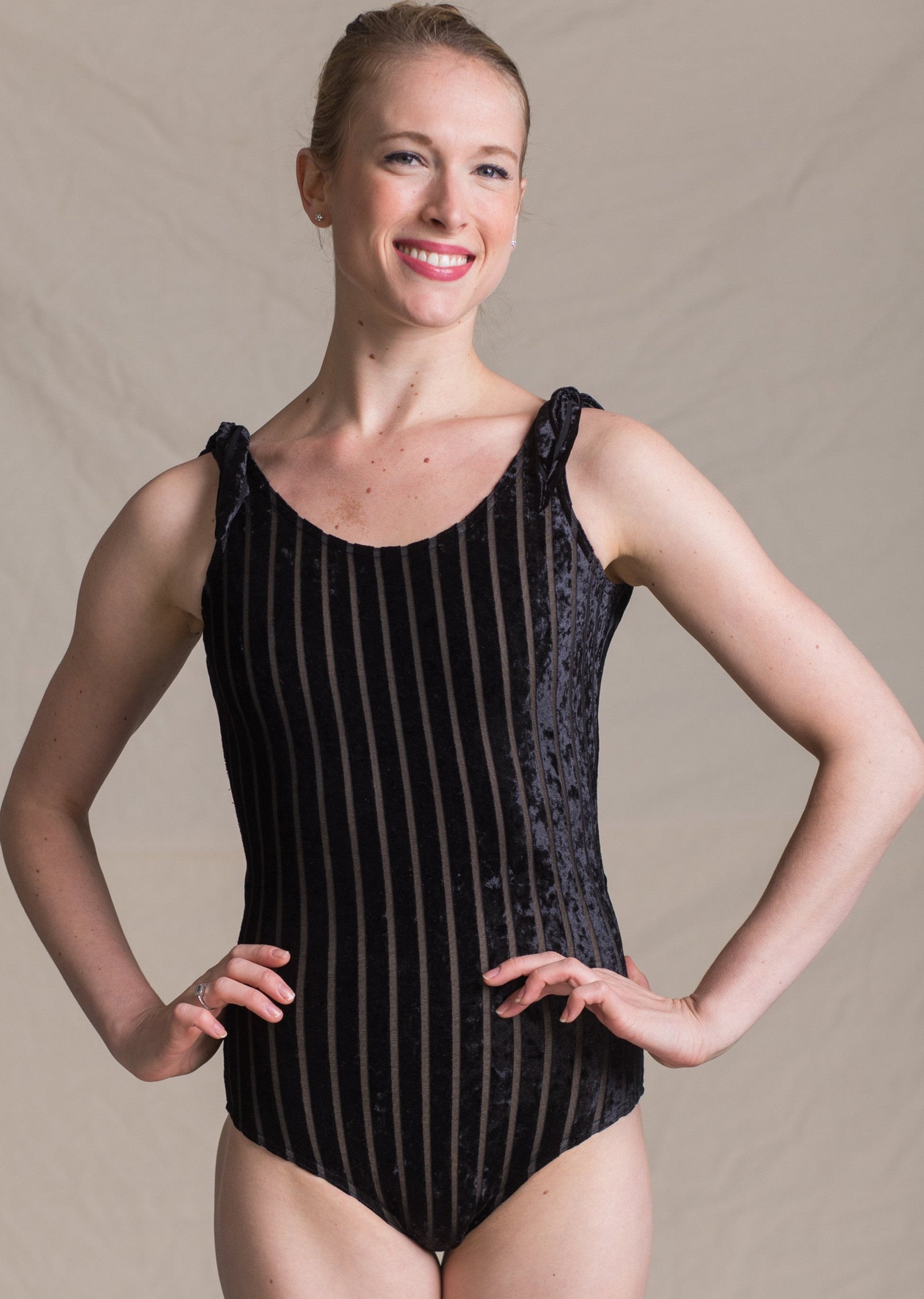 Bella Leotard - Striped Velvet Tank Leotard with Shoulder Bows black front