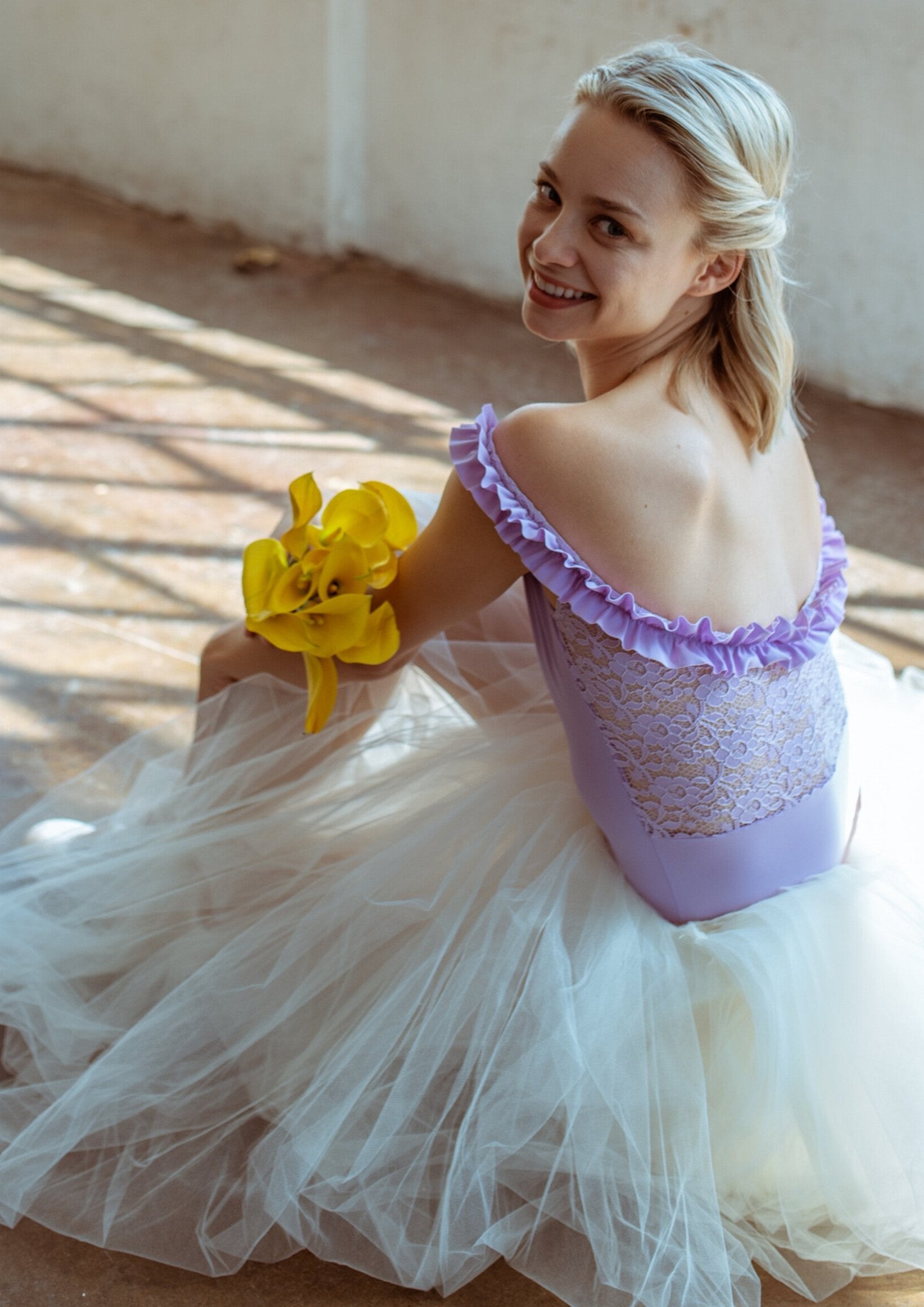 Marie Leotard - Ruffle Neckline Off-shoulder Leotard lavender back