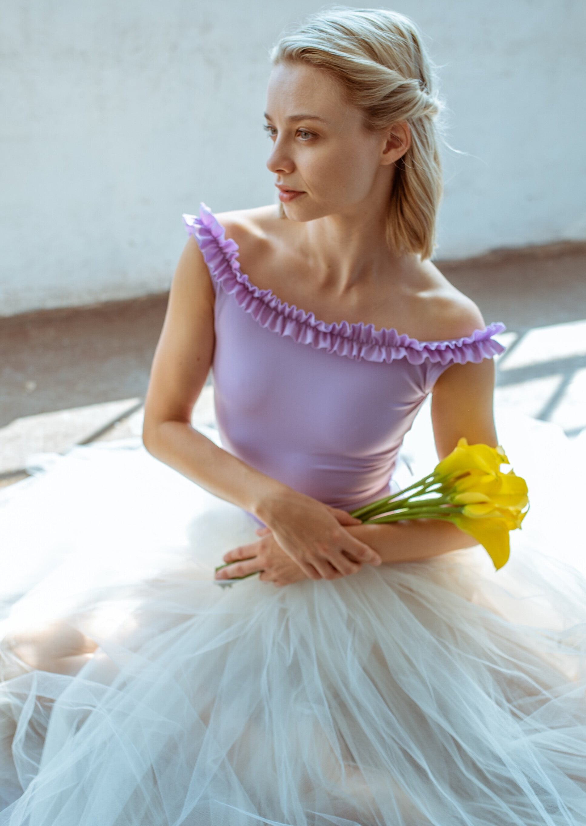 Marie Leotard - Ruffle Neckline Off-shoulder Leotard lavender front