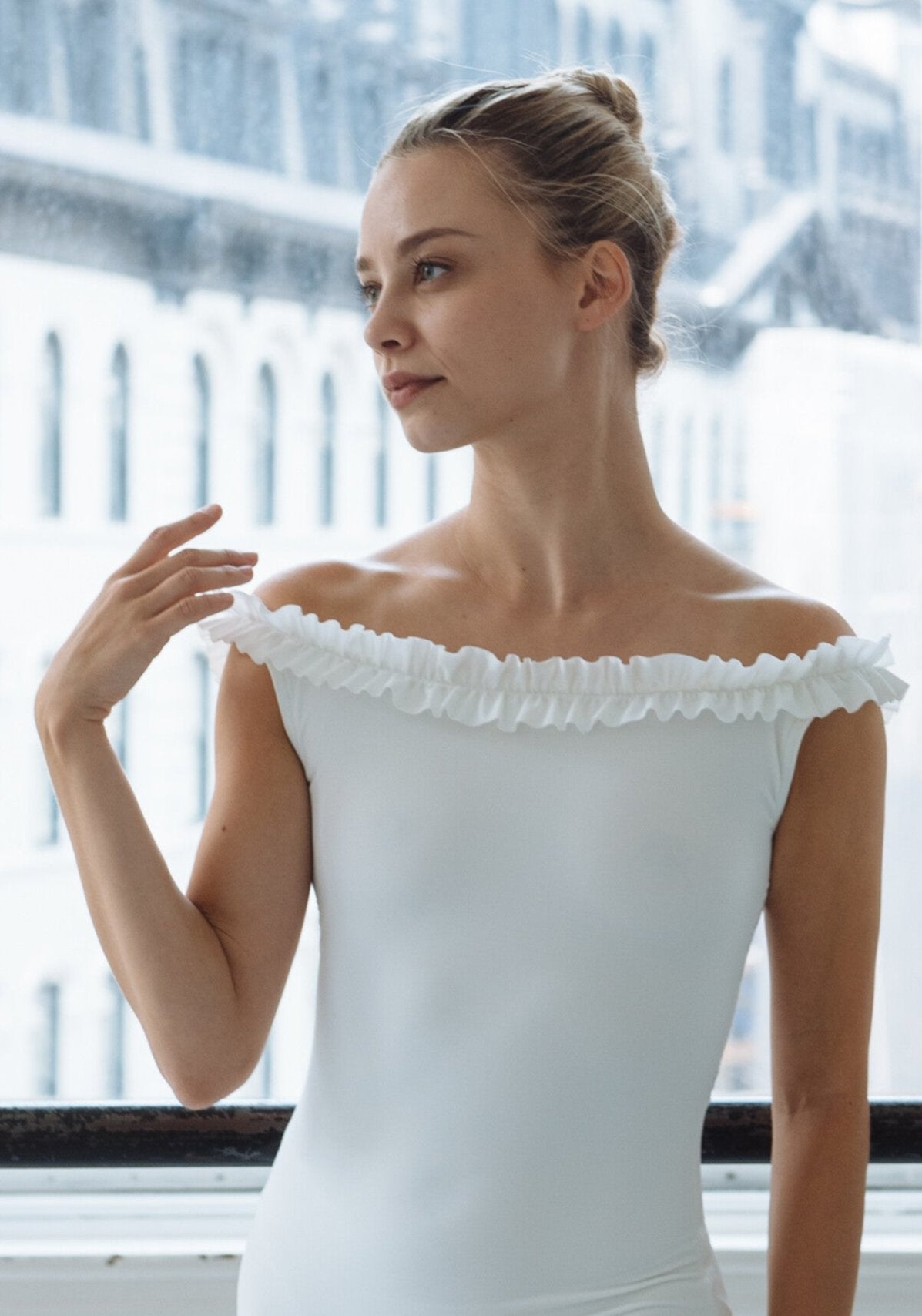 Marie Leotard - Ruffle Neckline Off-shoulder Leotard white front