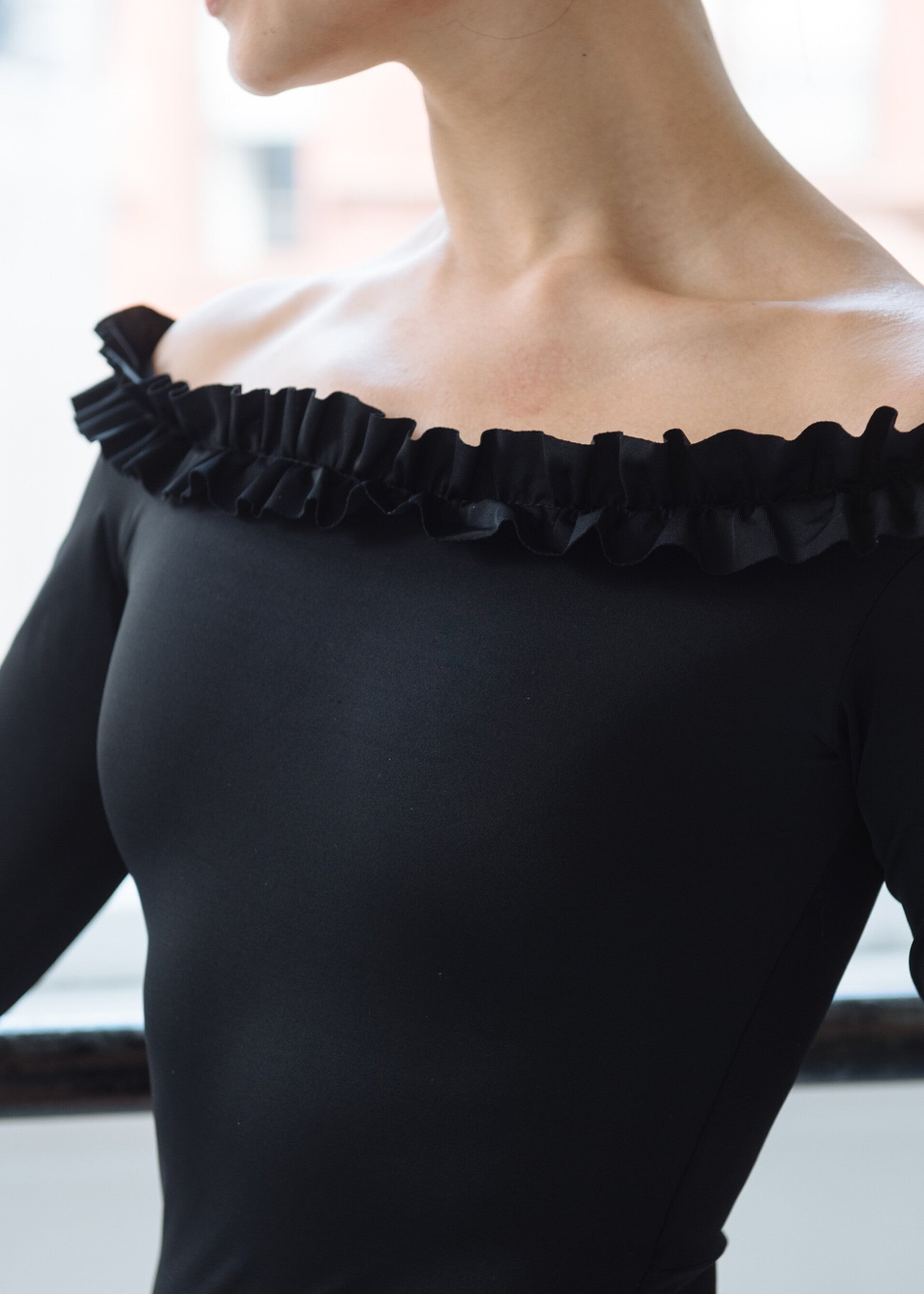 Von Goethem Leotard - Ruffle Neckline Long Sleeves Leotard black front