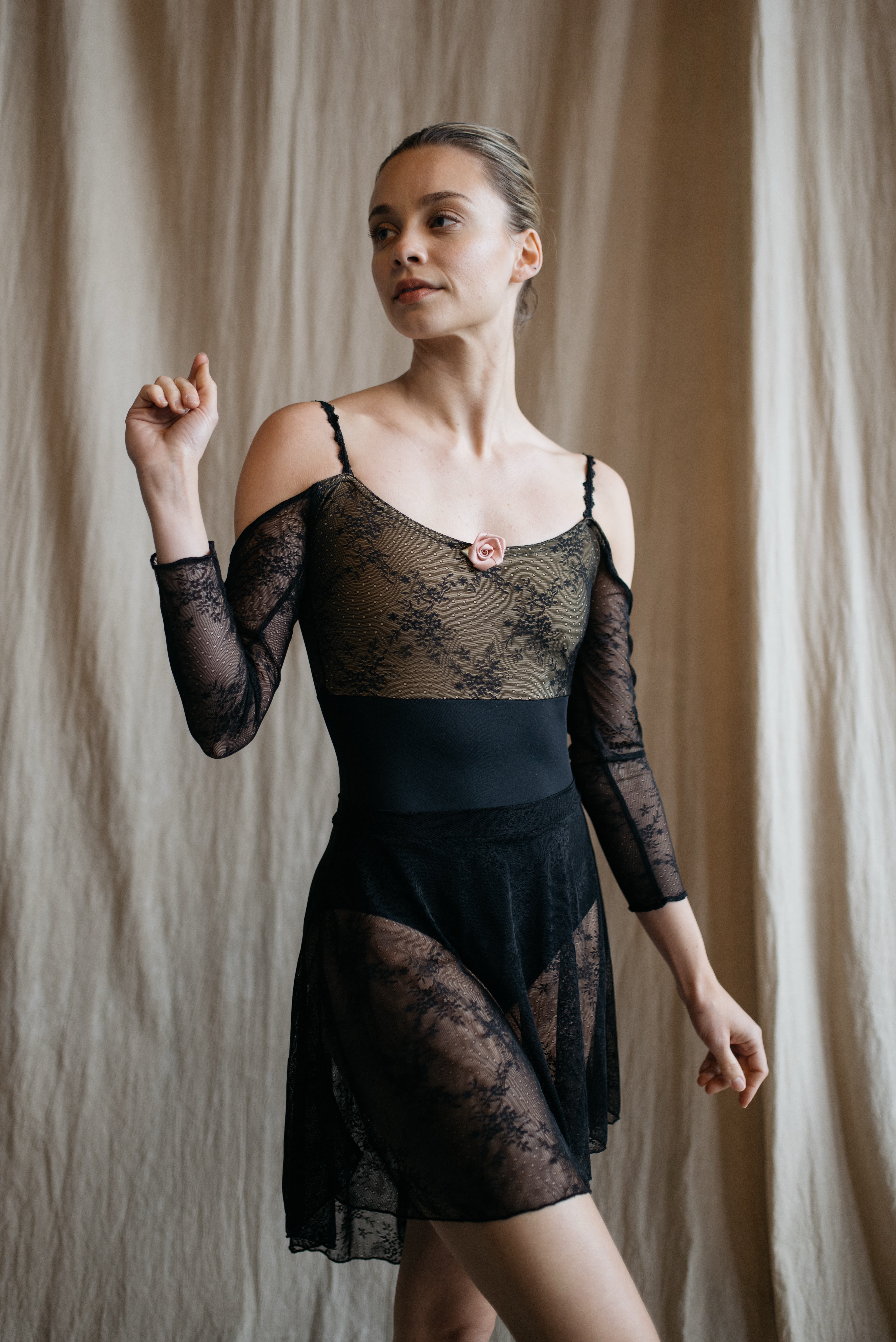 Marguerite Leotard - Cold Shoulder Lace Long-Sleeve Leotard black full body