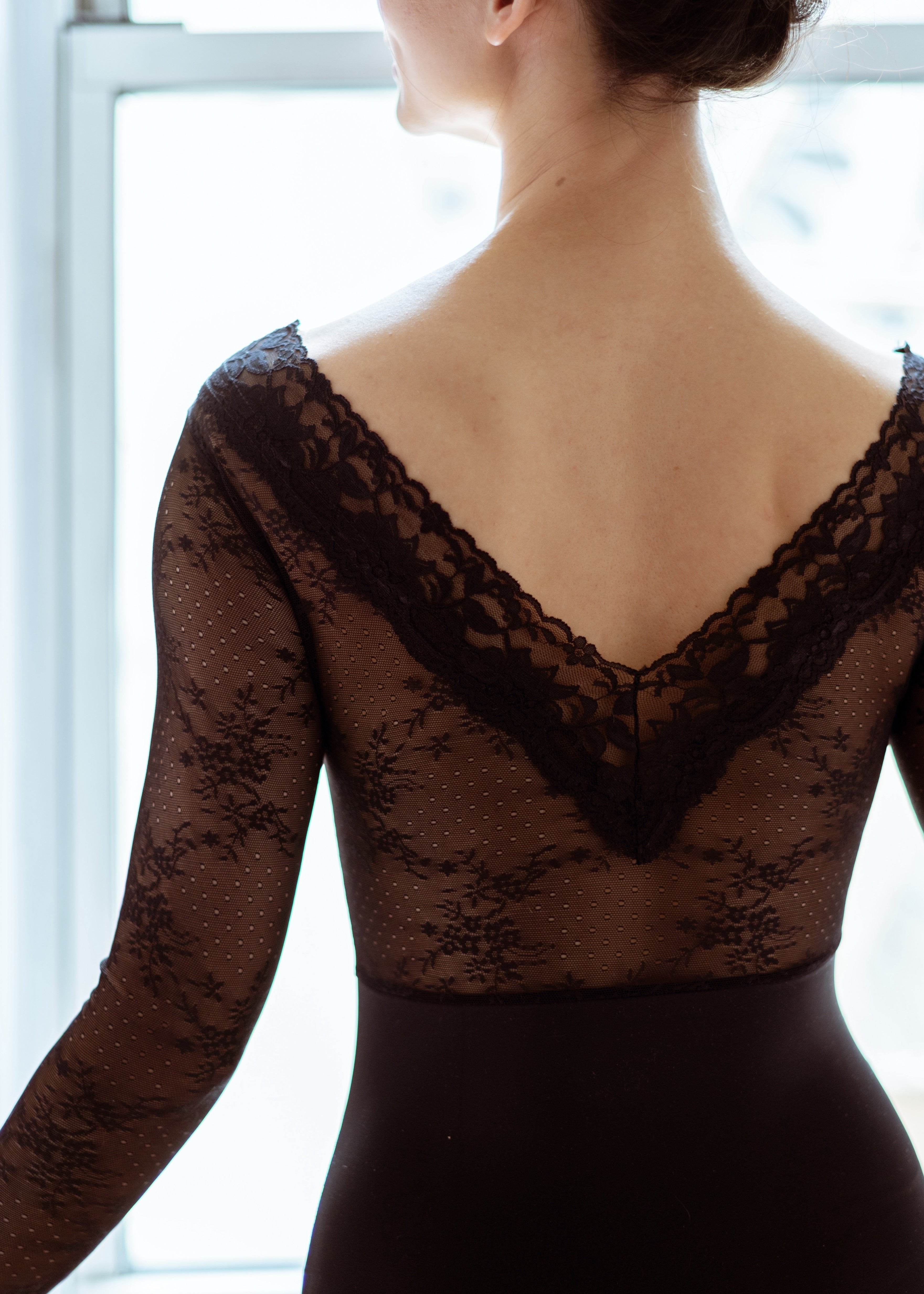 Fremont Leotard - V Neck Long Sleeve Lace Leotard black back