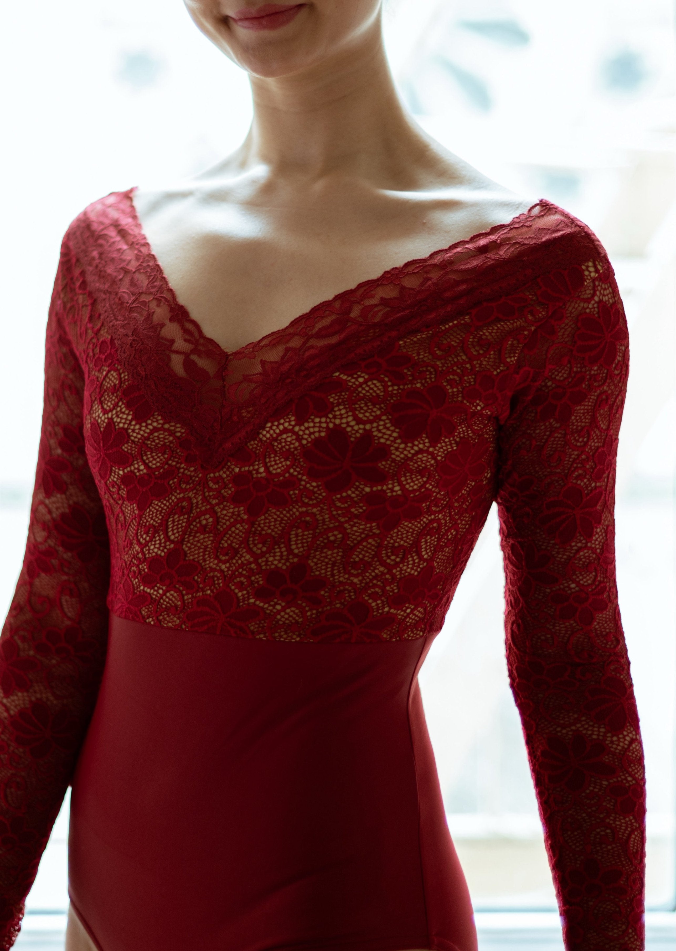 Fremont Leotard - V Neck Long Sleeve Lace Leotard front red