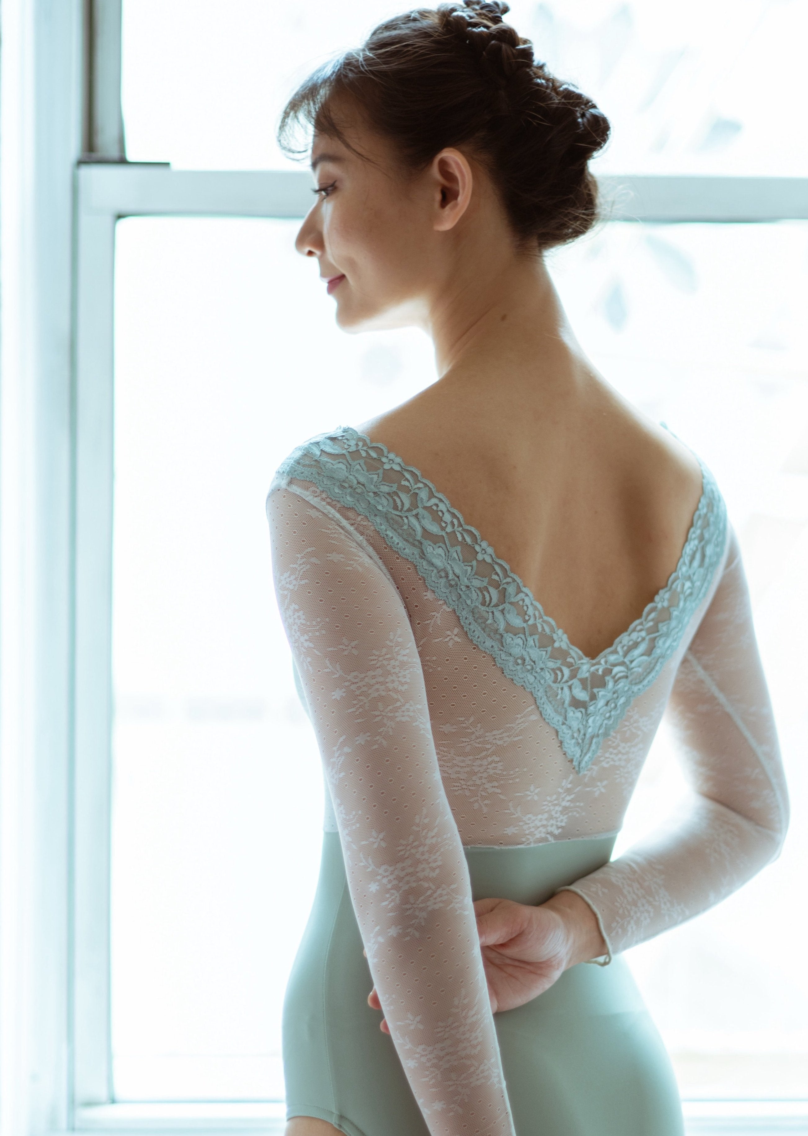 Fremont Leotard - V Neck Long Sleeve Lace Leotard teal back 