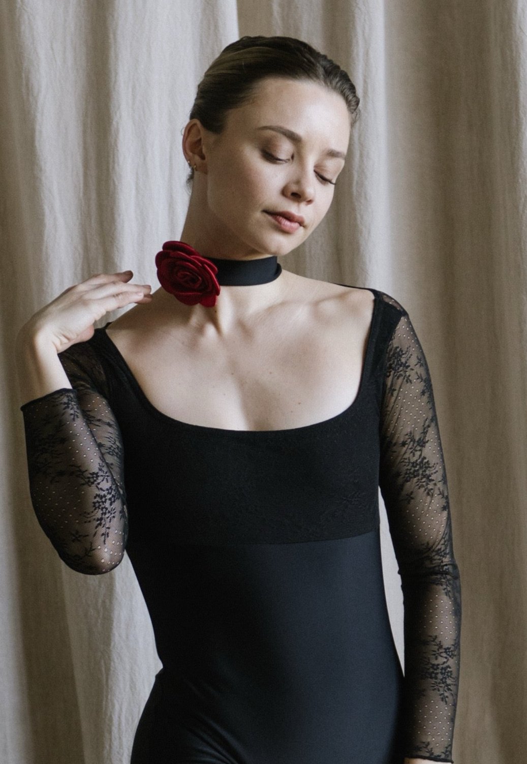 Carmen Leotard-Square Neck Lace Long Sleeves Choker Leotard with Detachable Rose black front