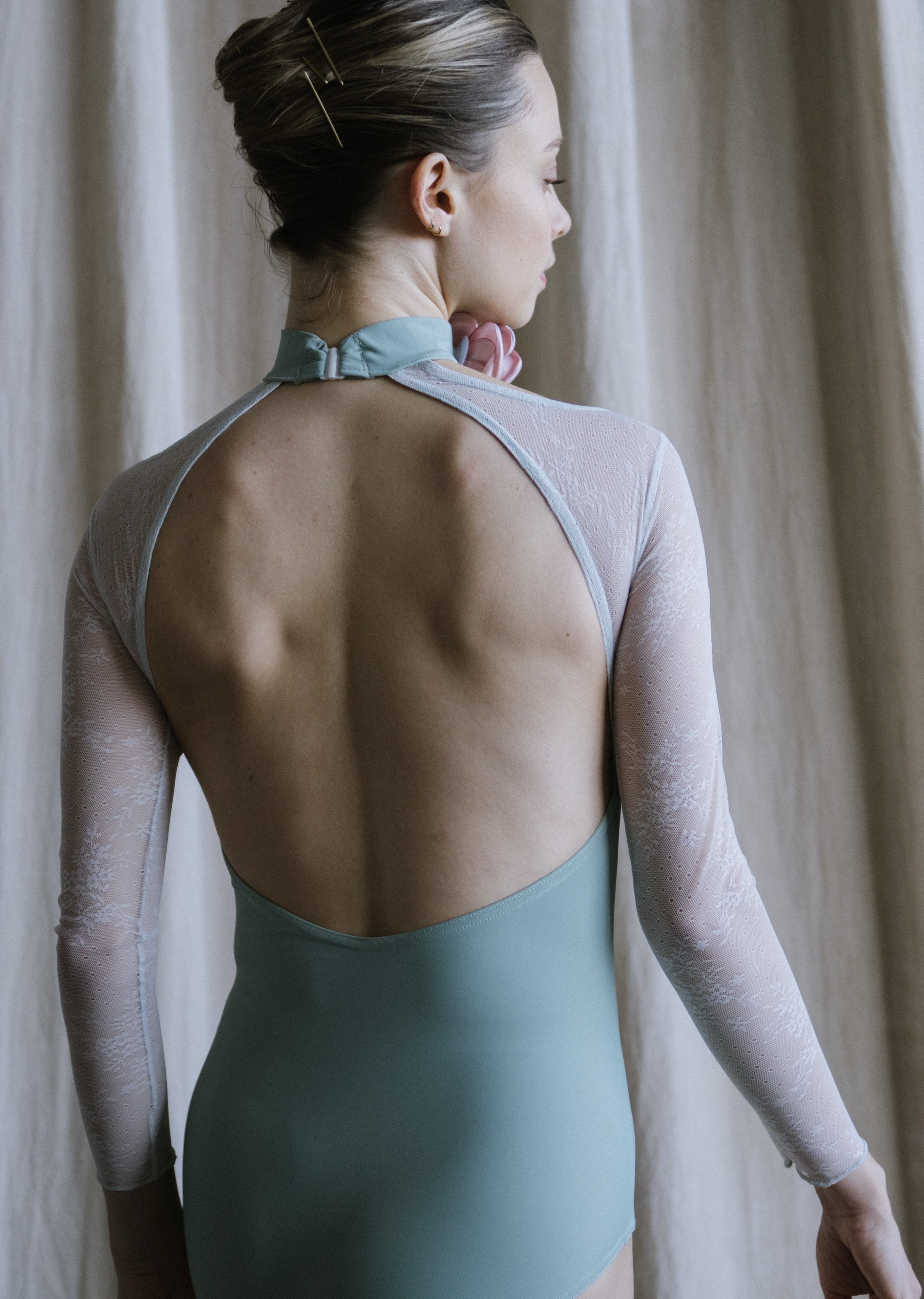 Carmen Leotard-Square Neck Lace Long Sleeves Choker Leotard with Detachable Rose teal back