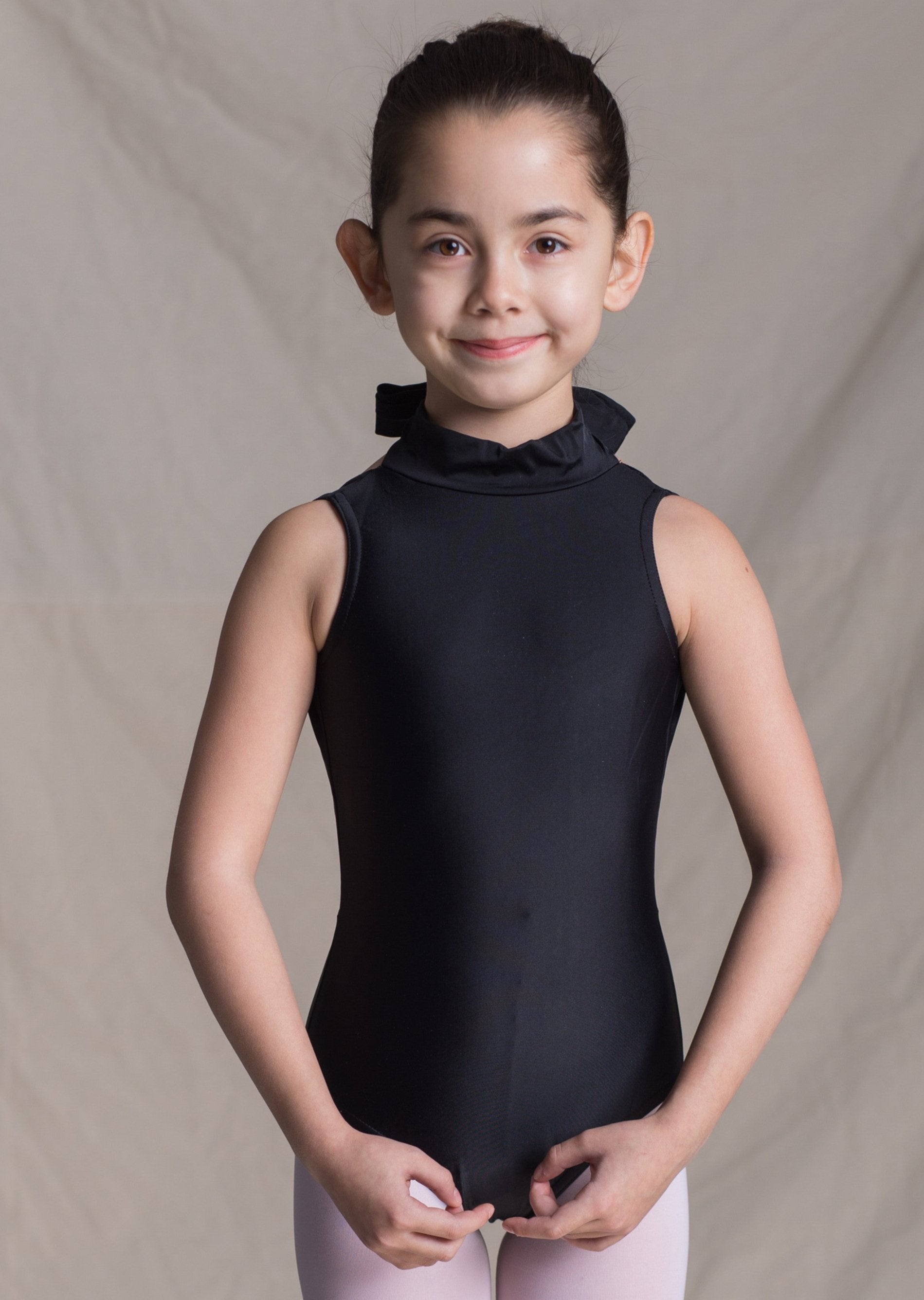 Children collection: Holly Leotard- Turtleneck Leotard with Back Bow Tie Black front