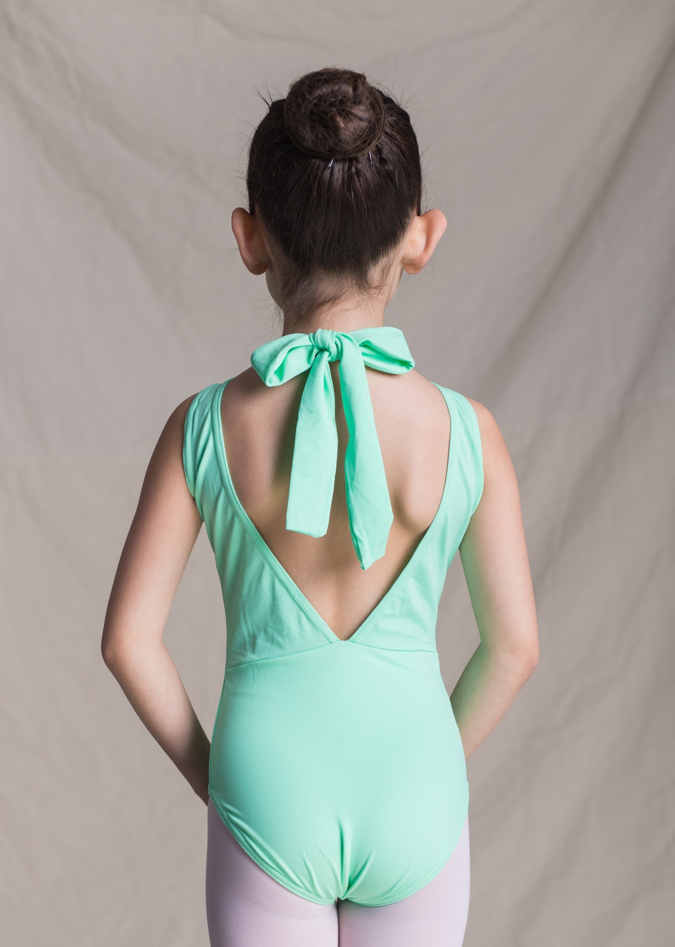 Children collection: Holly Leotard- Turtleneck Leotard with Back Bow Tie mint back