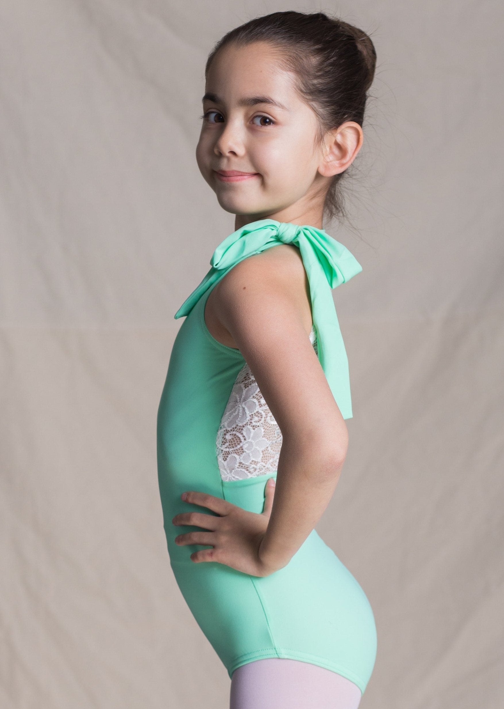 Children Collection: Athena Leotard-Bow Halter Leotard with Lace Back mint side