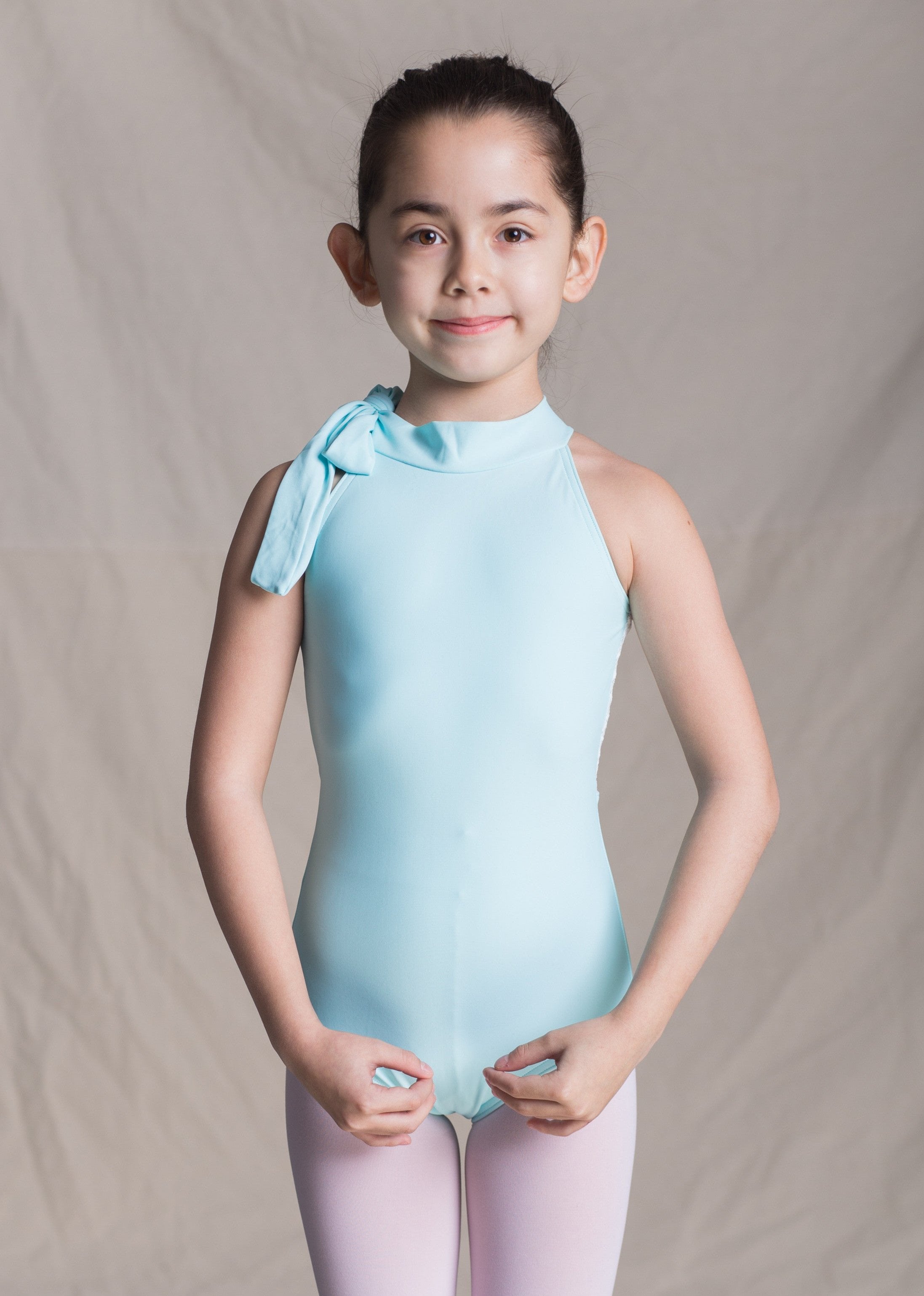 Children Collection: Athena Leotard-Bow Halter Leotard with Lace Back any blue front