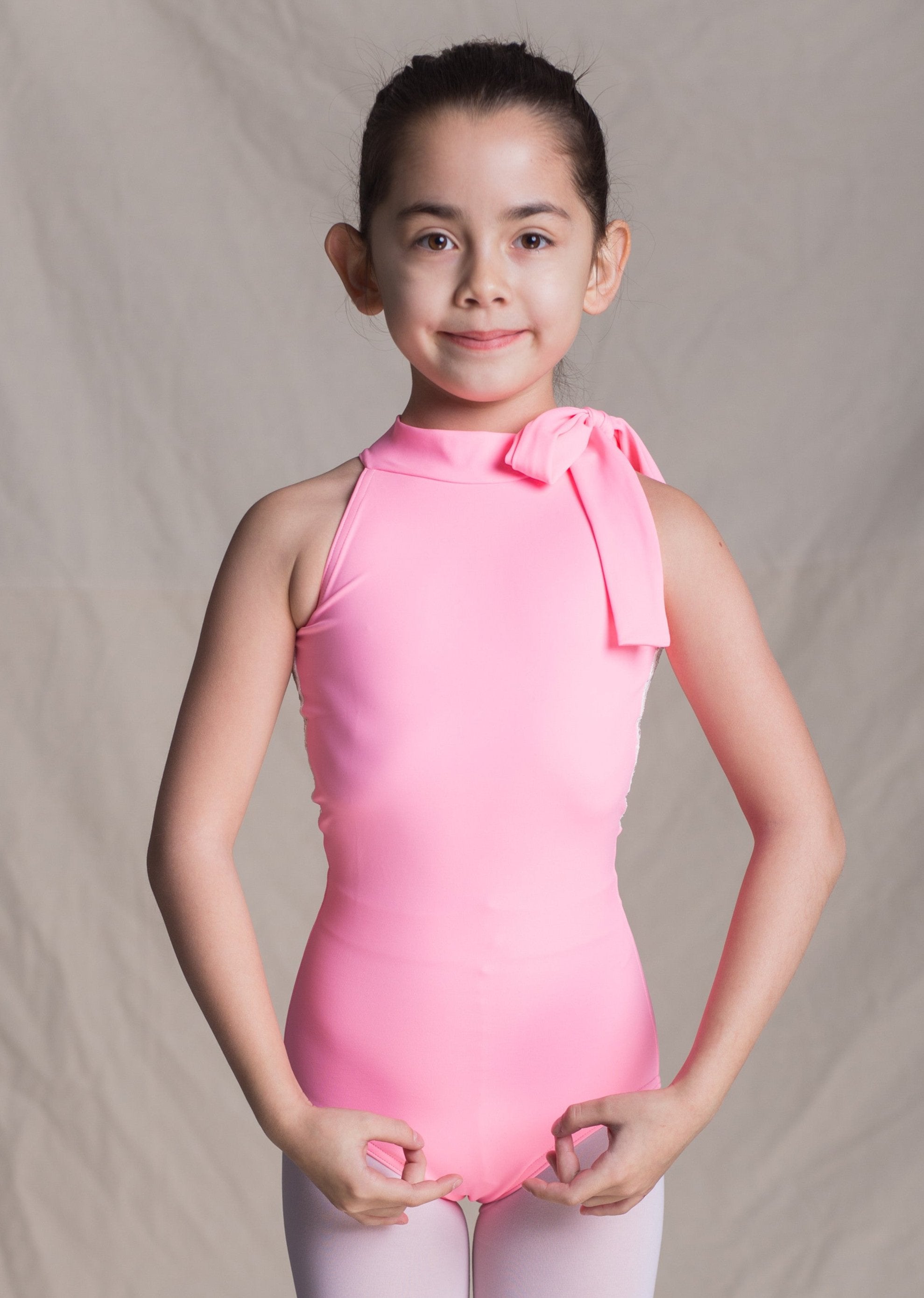 Children Collection: Athena Leotard-Bow Halter Leotard with Lace Back hot pink front