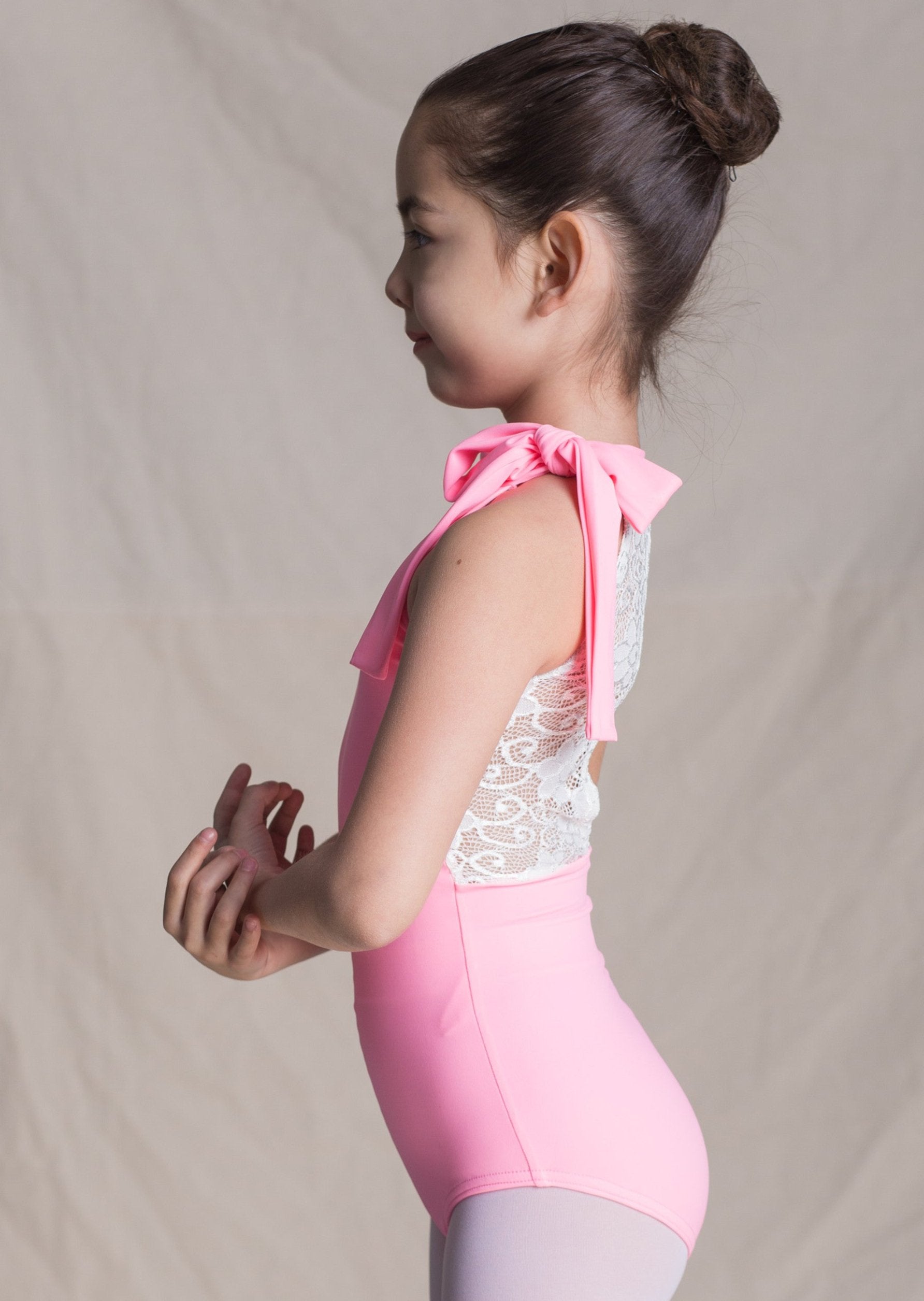 Children Collection: Athena Leotard-Bow Halter Leotard with Lace Back hot pink side