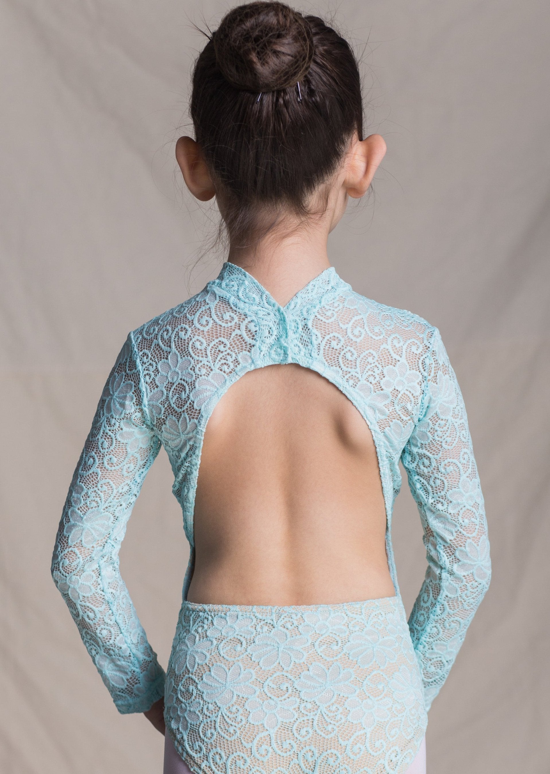 Children collection: Eliza Leotard-Floral Full Lace Long Sleeves Leotard baby blue back