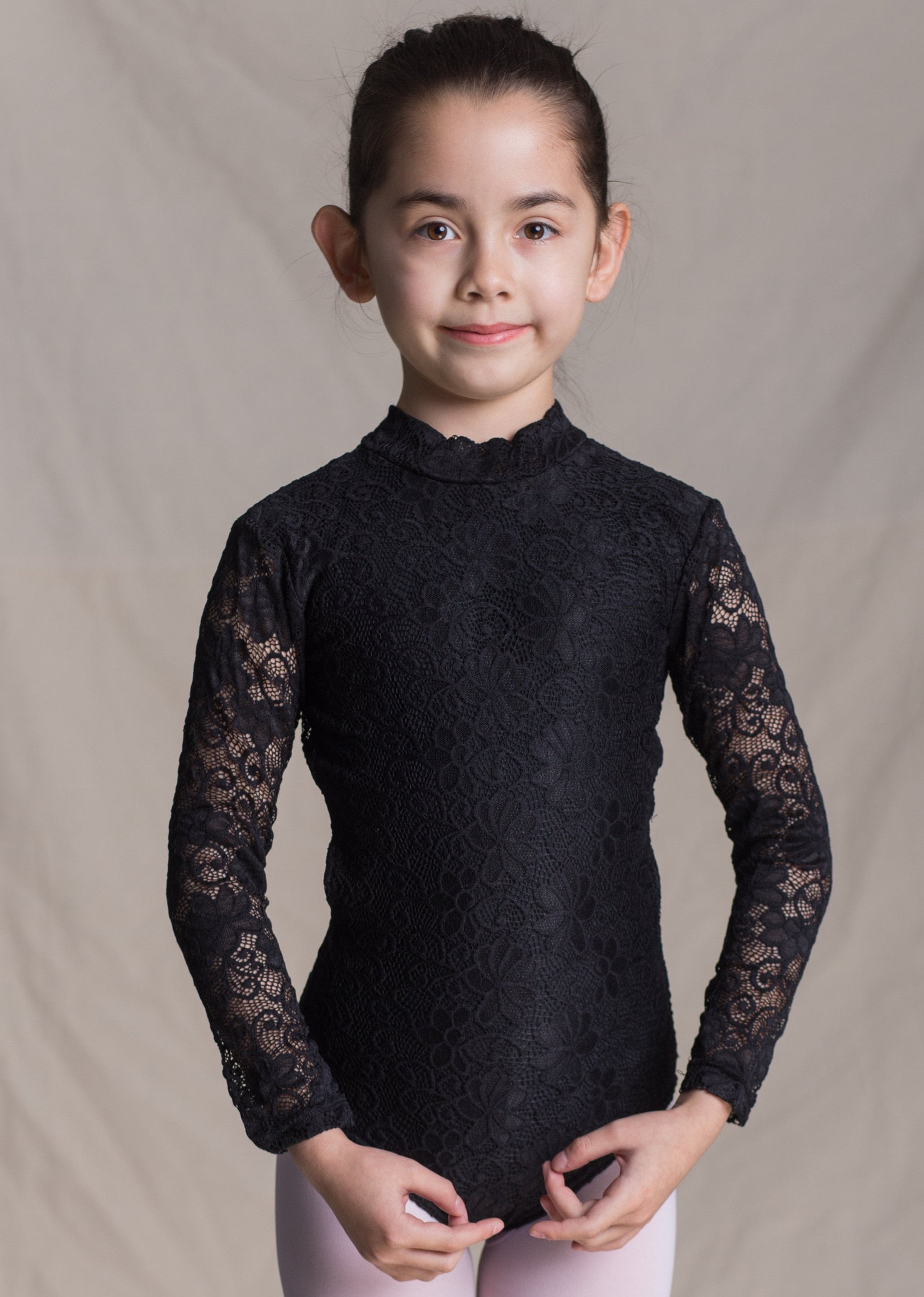 Children collection: Eliza Leotard-Floral Full Lace Long Sleeves Leotard Black front