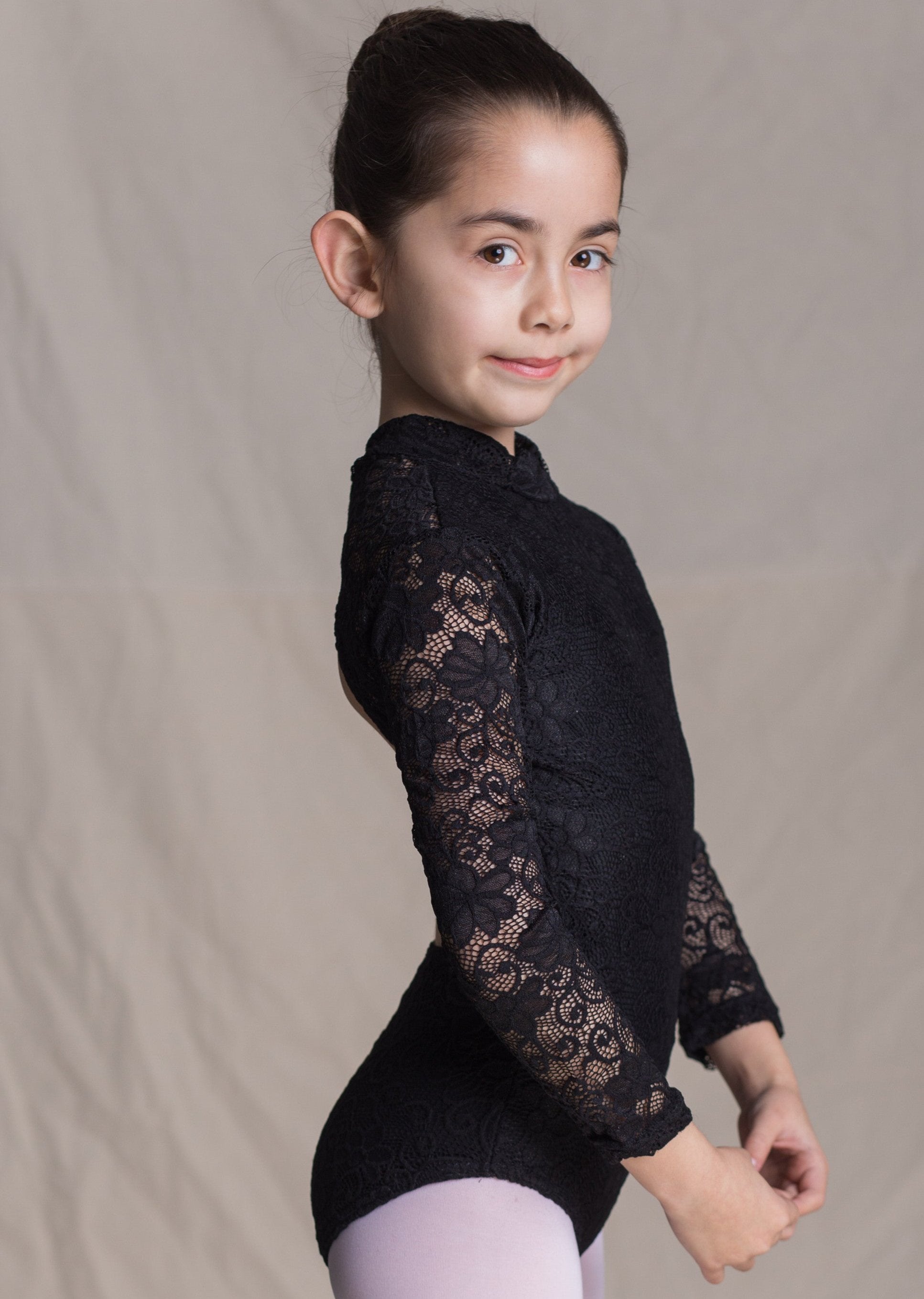 Children collection: Eliza Leotard-Floral Full Lace Long Sleeves Leotard black side front