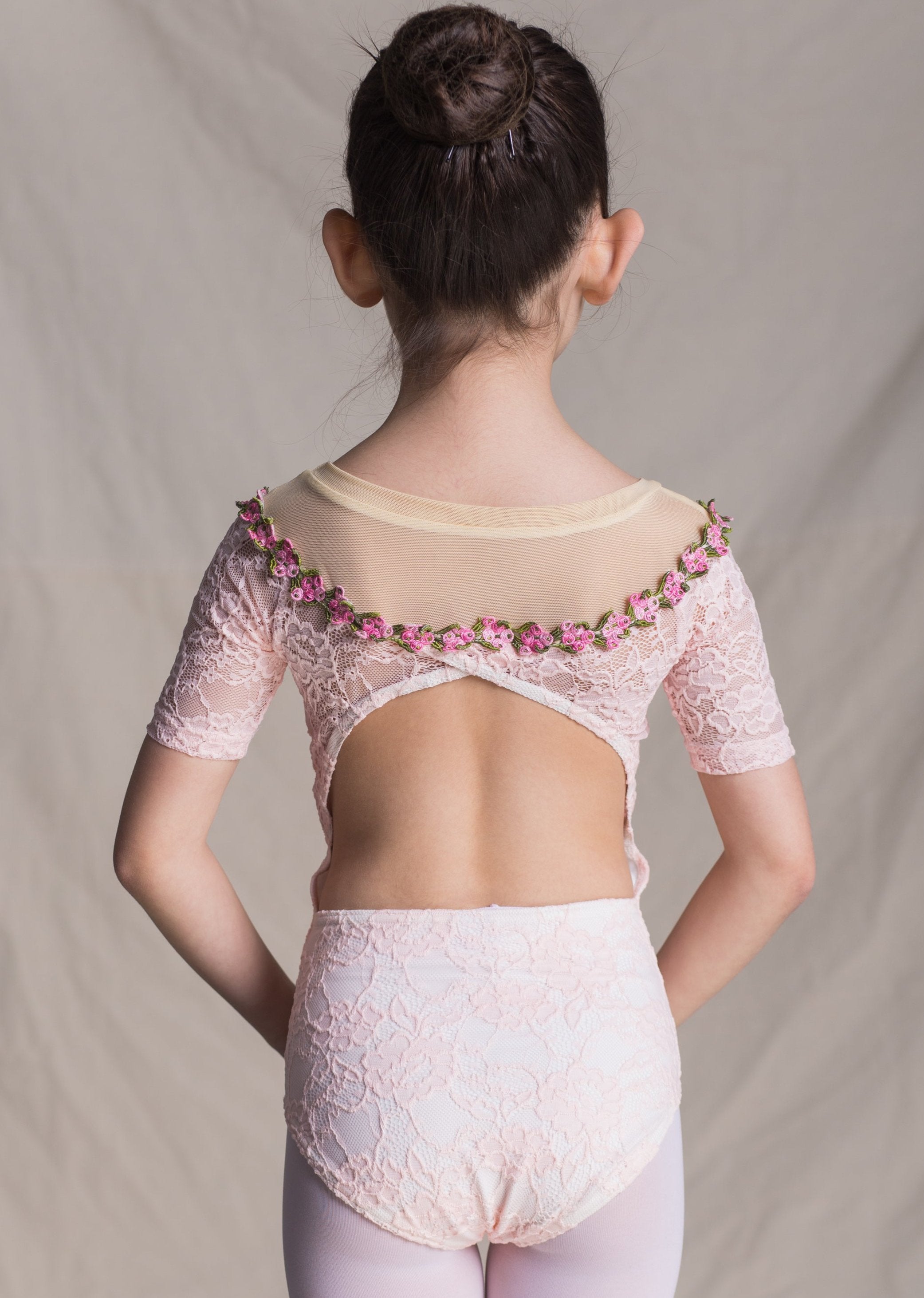 Children Collection: Aurora Leotard- Lace Short Sleeves Leotard with Rose Neckline pink back