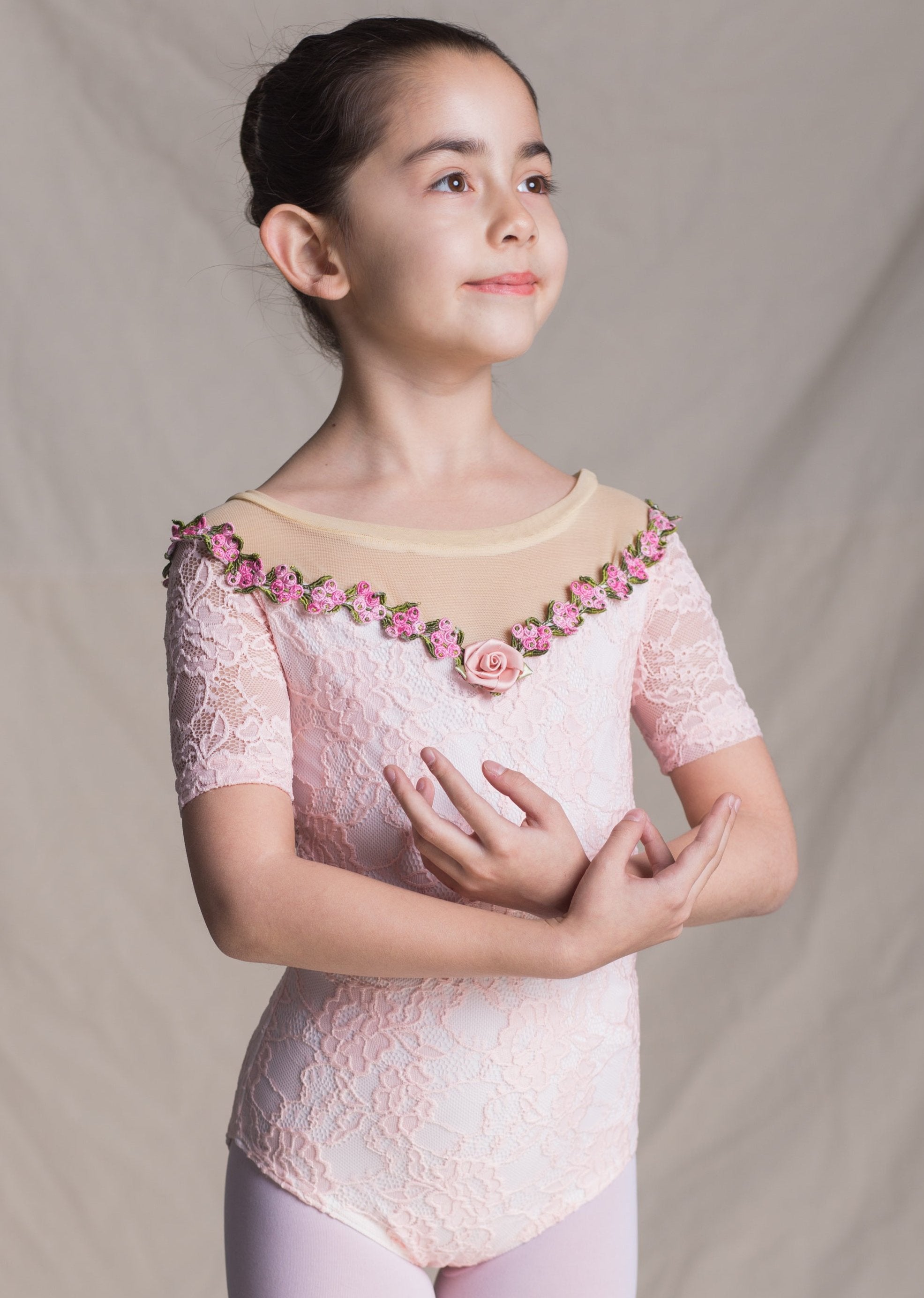 Children Collection: Aurora Leotard- Lace Short Sleeves Leotard with Rose Neckline